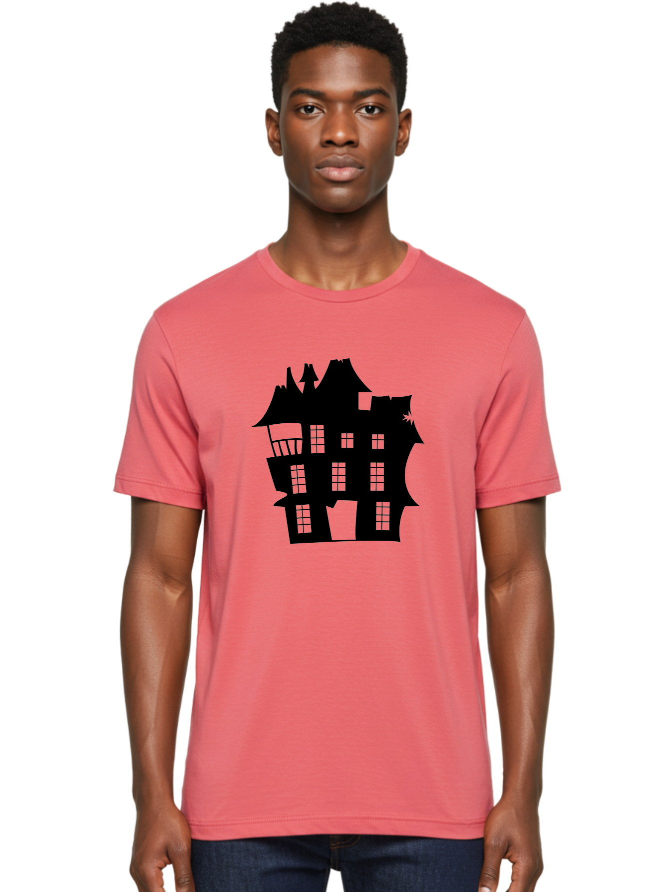 Haunted-House-Silhouette Men'S Graphic Tee, 100% Cotton, Comfortable Casual Summer Wear, Machine Washable, Haunted Mansion, Spooky Silhouette, Eerie Architecture, Creepy House, Haunted Building, Dark Atmosphere, Gothic Style, Mysterious Home Aab226 6