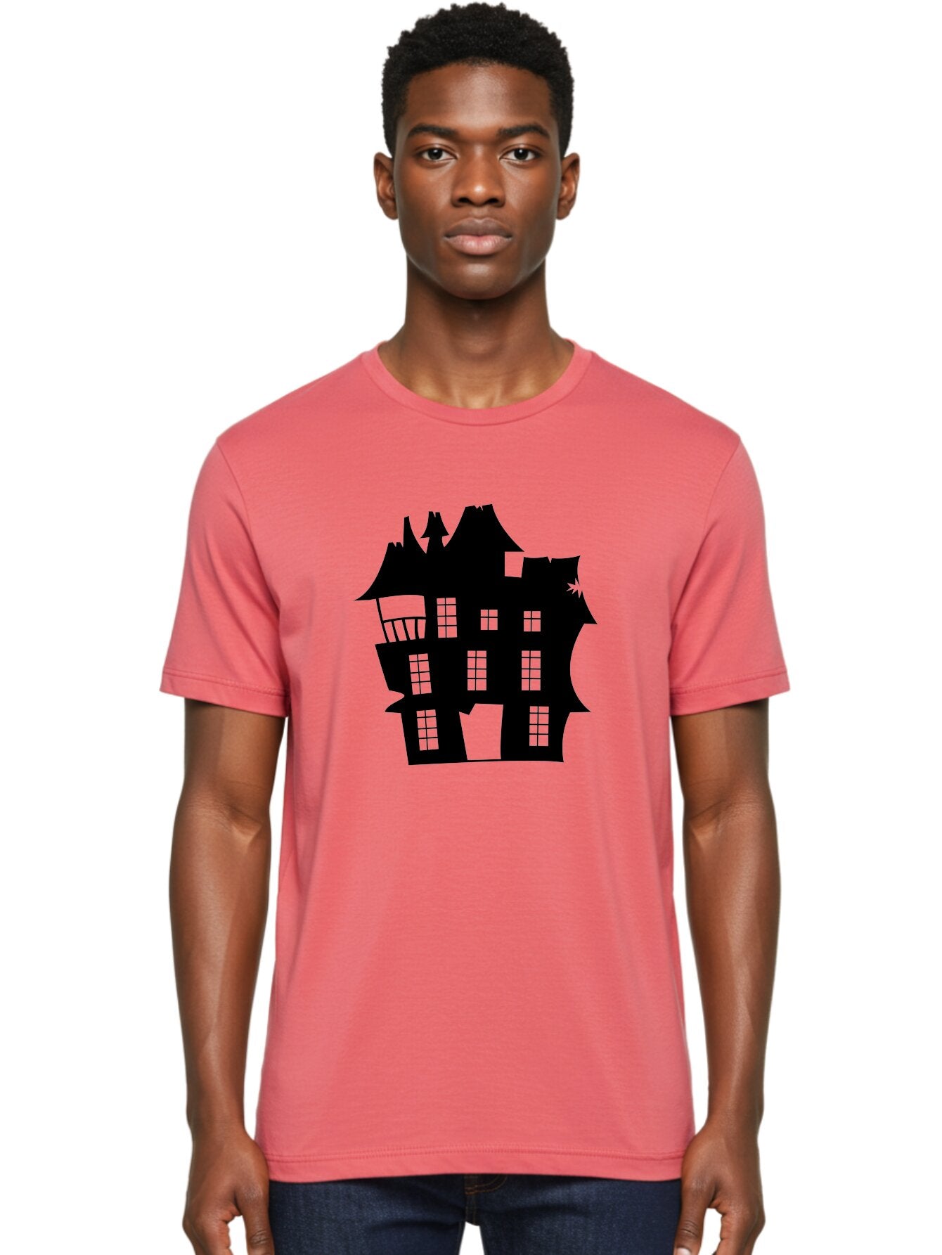 Haunted-House-Silhouette Men'S Graphic Tee, 100% Cotton, Comfortable Casual Summer Wear, Machine Washable, Haunted Mansion, Spooky Silhouette, Eerie Architecture, Creepy House, Haunted Building, Dark Atmosphere, Gothic Style, Mysterious Home Aab226 18