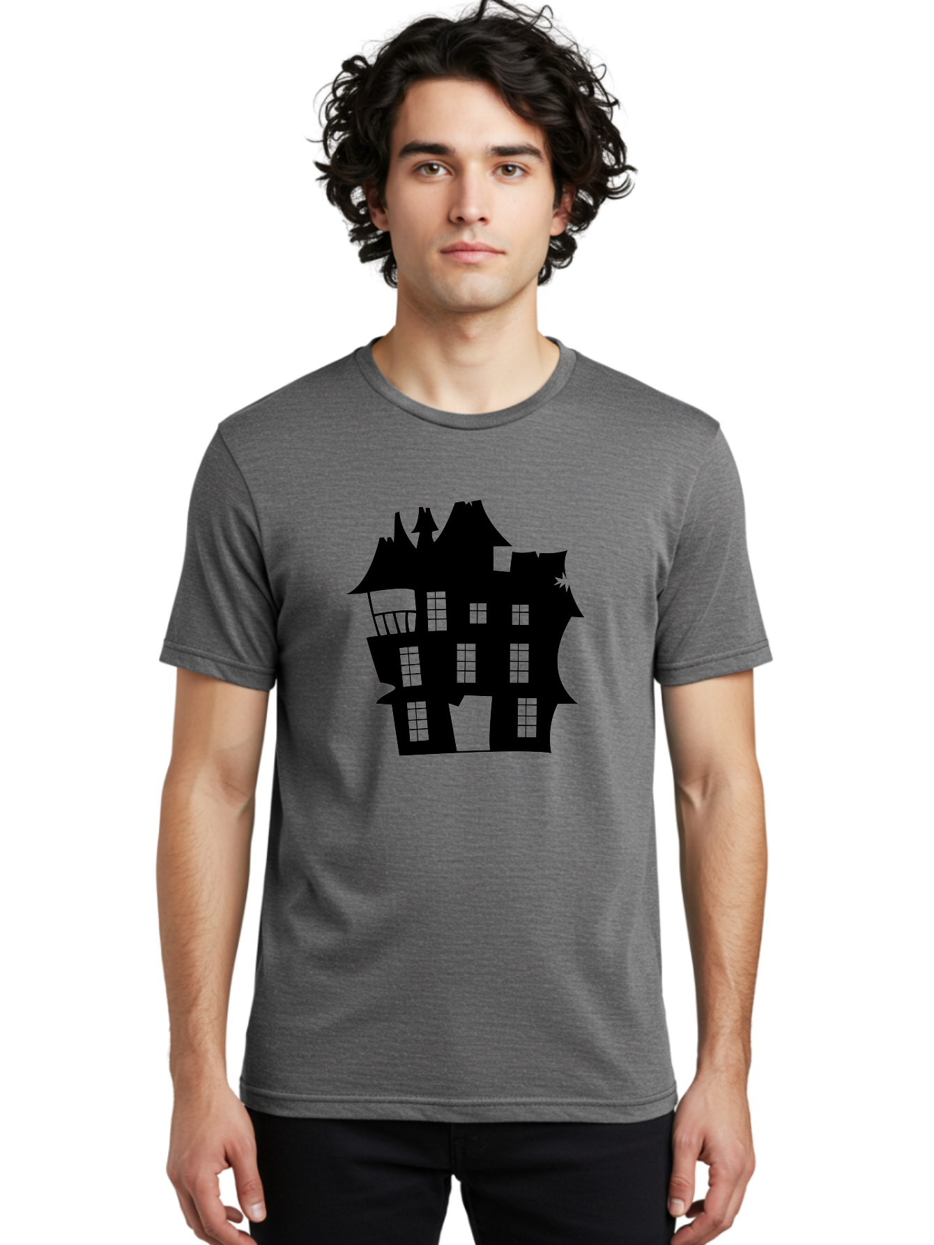 Haunted-House-Silhouette Men'S Graphic Tee, 100% Cotton, Comfortable Casual Summer Wear, Machine Washable, Haunted Mansion, Spooky Silhouette, Eerie Architecture, Creepy House, Haunted Building, Dark Atmosphere, Gothic Style, Mysterious Home Aab226 10