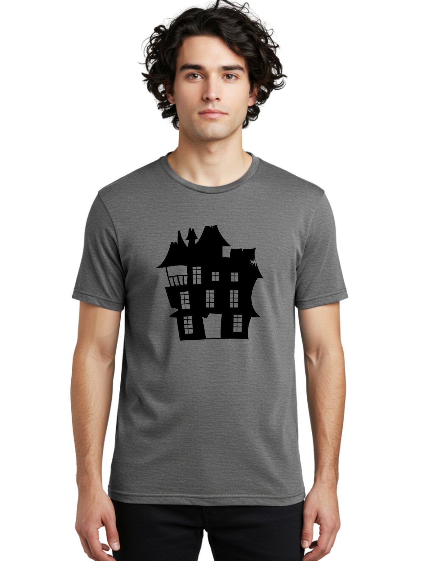 Haunted-House-Silhouette Men'S Graphic Tee, 100% Cotton, Comfortable Casual Summer Wear, Machine Washable, Haunted Mansion, Spooky Silhouette, Eerie Architecture, Creepy House, Haunted Building, Dark Atmosphere, Gothic Style, Mysterious Home Aab226 30