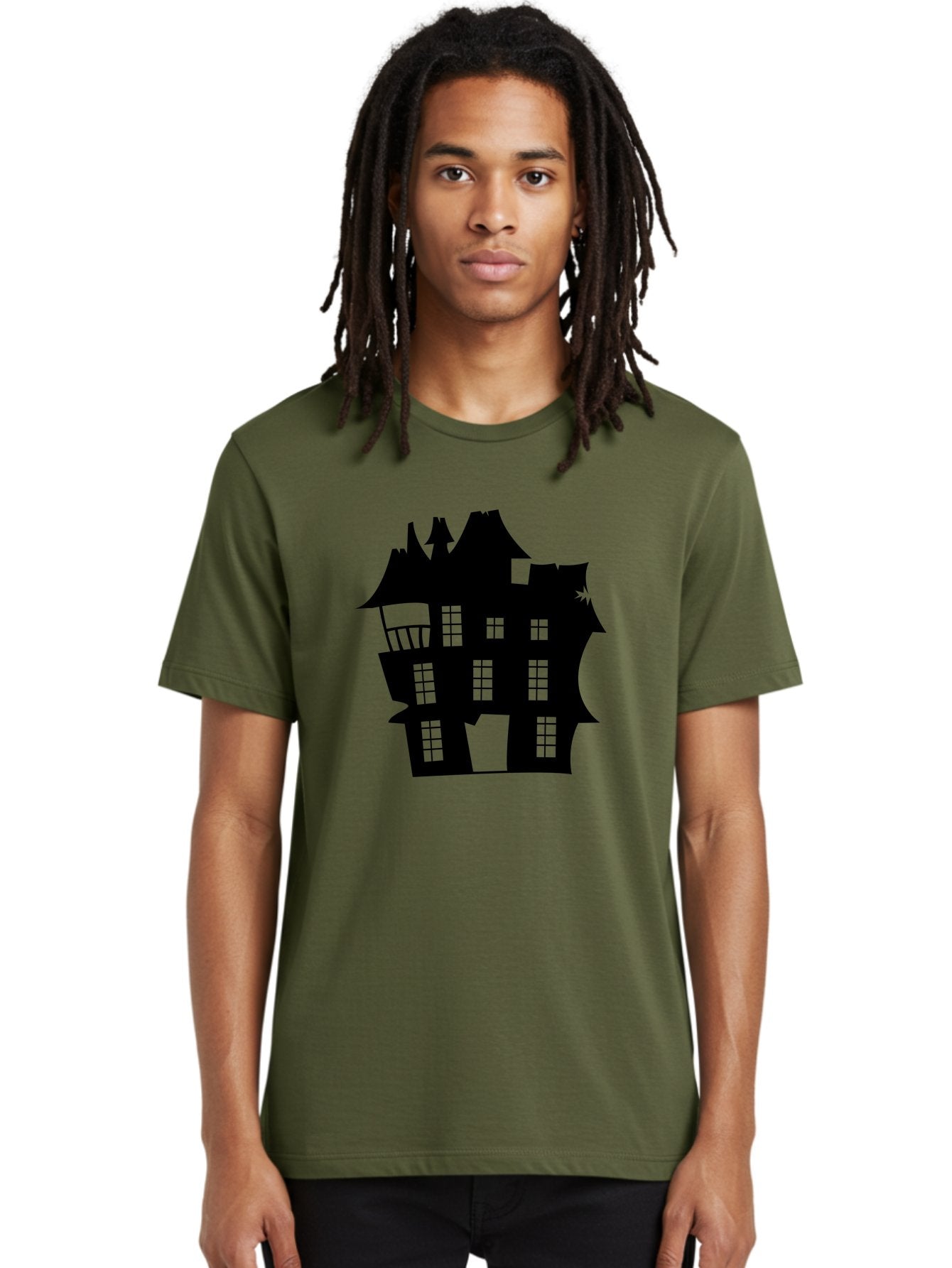 Haunted-House-Silhouette Men'S Graphic Tee, 100% Cotton, Comfortable Casual Summer Wear, Machine Washable, Haunted Mansion, Spooky Silhouette, Eerie Architecture, Creepy House, Haunted Building, Dark Atmosphere, Gothic Style, Mysterious Home Aab226 16