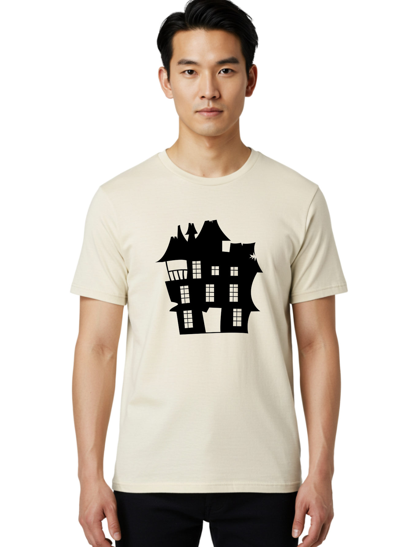 Haunted-House-Silhouette Men'S Graphic Tee, 100% Cotton, Comfortable Casual Summer Wear, Machine Washable, Haunted Mansion, Spooky Silhouette, Eerie Architecture, Creepy House, Haunted Building, Dark Atmosphere, Gothic Style, Mysterious Home Aab226 18