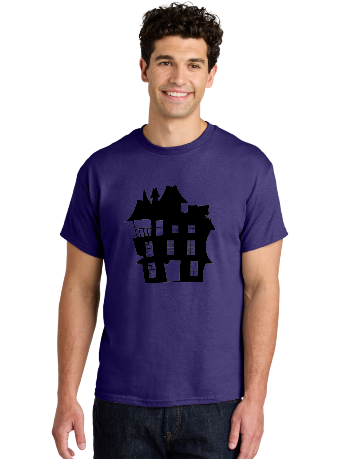 Haunted-House-Silhouette Men'S Graphic Tee, 100% Cotton, Comfortable Casual Summer Wear, Machine Washable, Haunted Mansion, Spooky Silhouette, Eerie Architecture, Creepy House, Haunted Building, Dark Atmosphere, Gothic Style, Mysterious Home Aab226 22