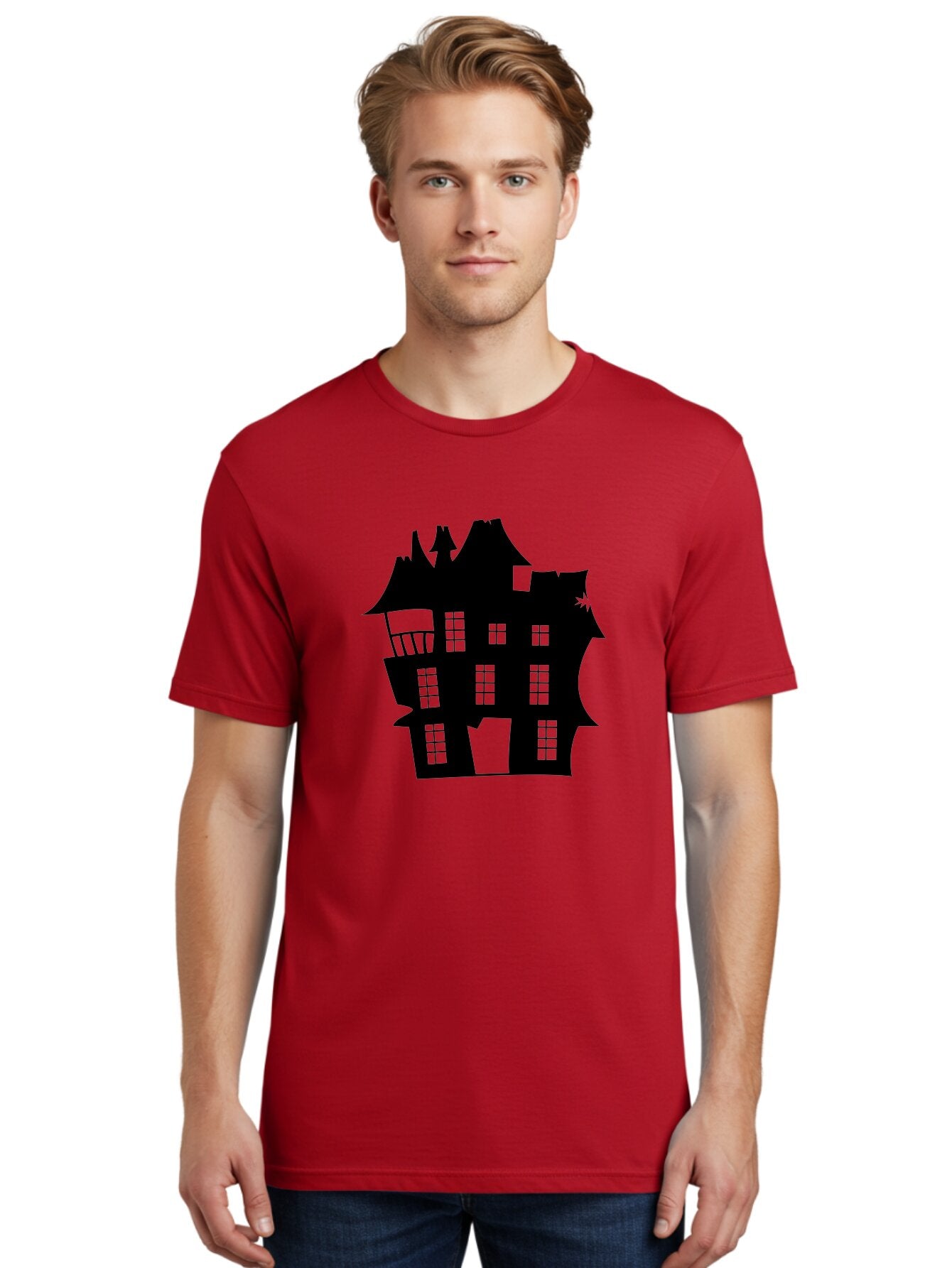 Haunted-House-Silhouette Men'S Graphic Tee, 100% Cotton, Comfortable Casual Summer Wear, Machine Washable, Haunted Mansion, Spooky Silhouette, Eerie Architecture, Creepy House, Haunted Building, Dark Atmosphere, Gothic Style, Mysterious Home Aab226 25