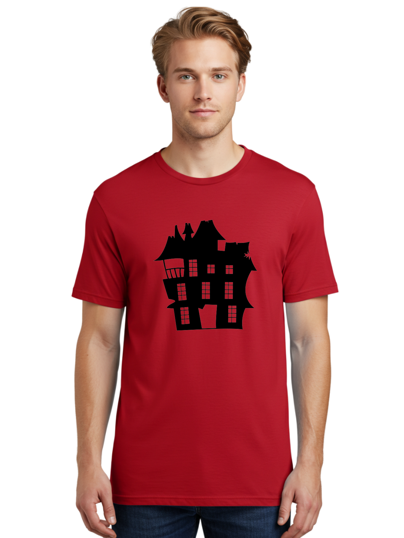 Haunted-House-Silhouette Men'S Graphic Tee, 100% Cotton, Comfortable Casual Summer Wear, Machine Washable, Haunted Mansion, Spooky Silhouette, Eerie Architecture, Creepy House, Haunted Building, Dark Atmosphere, Gothic Style, Mysterious Home Aab226 24