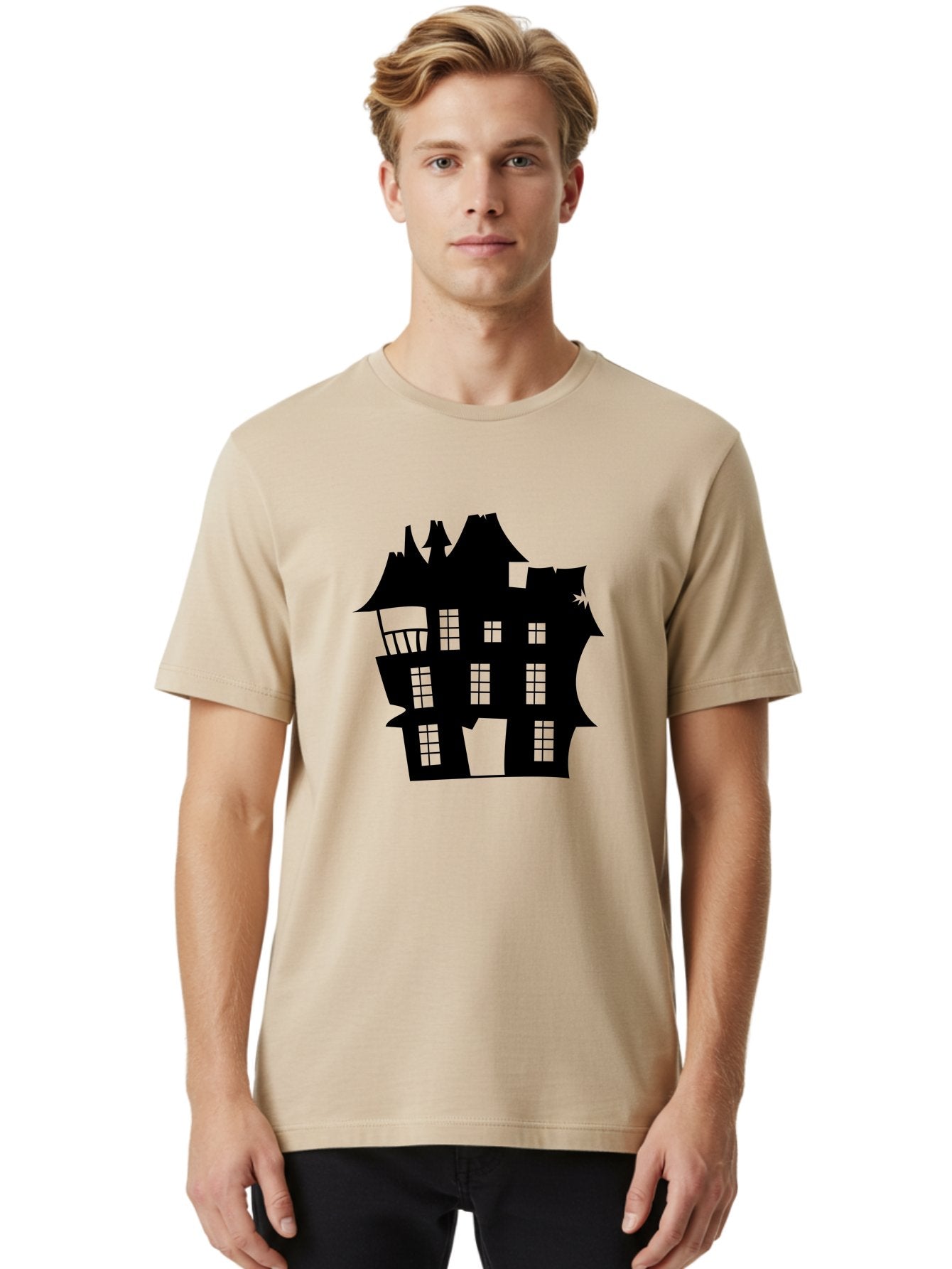 Haunted-House-Silhouette Men'S Graphic Tee, 100% Cotton, Comfortable Casual Summer Wear, Machine Washable, Haunted Mansion, Spooky Silhouette, Eerie Architecture, Creepy House, Haunted Building, Dark Atmosphere, Gothic Style, Mysterious Home Aab226 21
