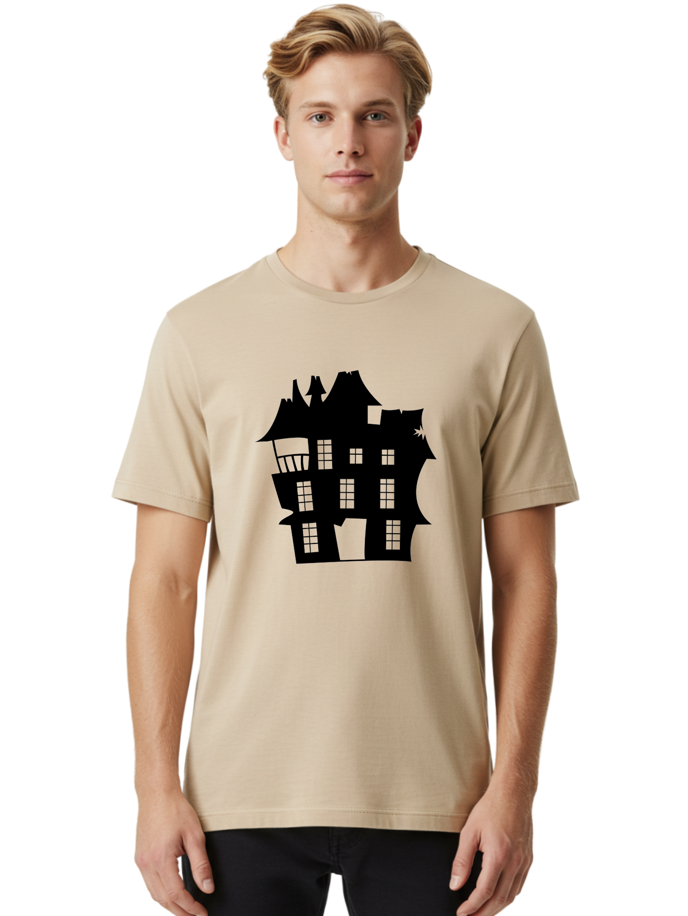 Haunted-House-Silhouette Men'S Graphic Tee, 100% Cotton, Comfortable Casual Summer Wear, Machine Washable, Haunted Mansion, Spooky Silhouette, Eerie Architecture, Creepy House, Haunted Building, Dark Atmosphere, Gothic Style, Mysterious Home Aab226 28