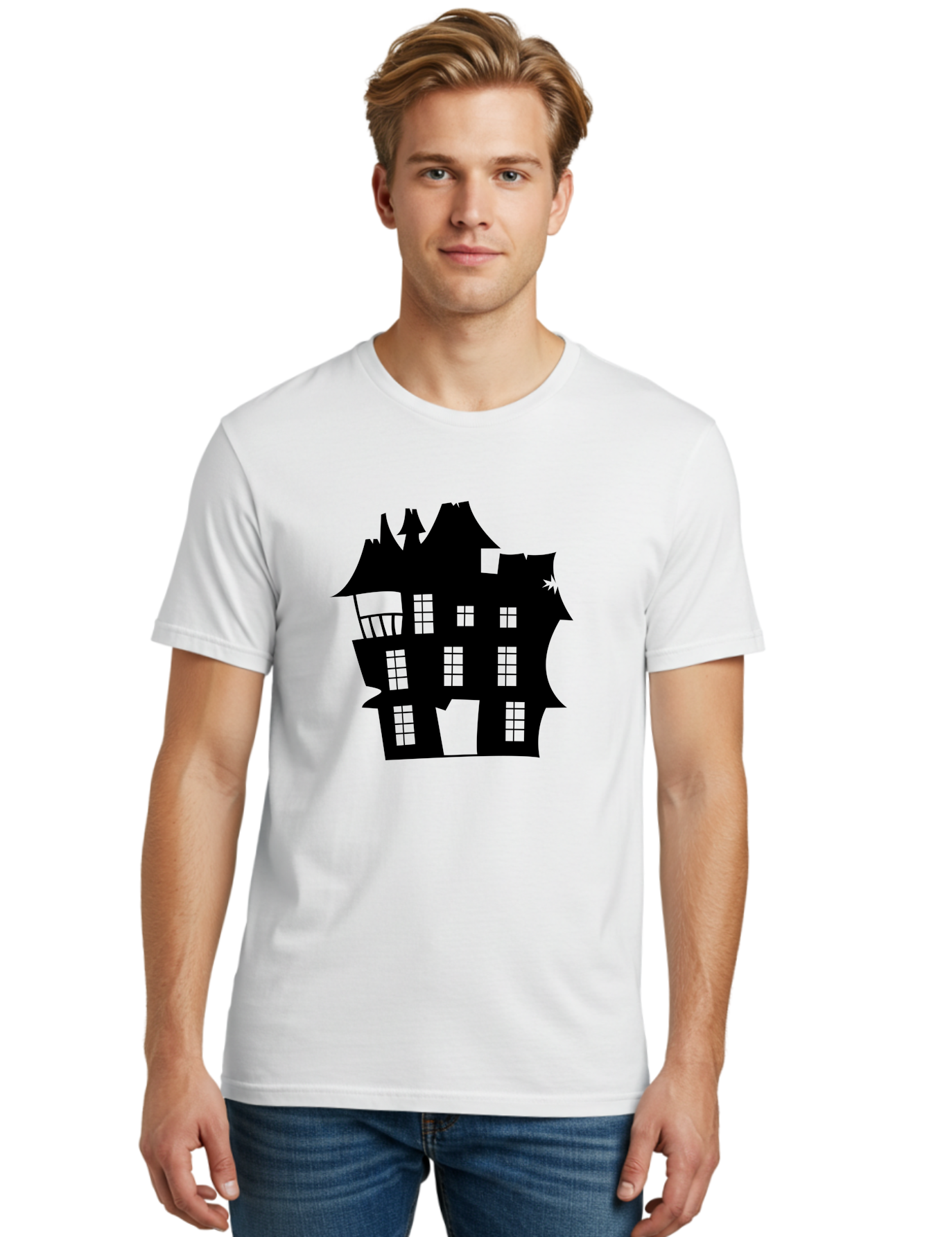 Haunted-House-Silhouette Men'S Graphic Tee, 100% Cotton, Comfortable Casual Summer Wear, Machine Washable, Haunted Mansion, Spooky Silhouette, Eerie Architecture, Creepy House, Haunted Building, Dark Atmosphere, Gothic Style, Mysterious Home Aab226 30