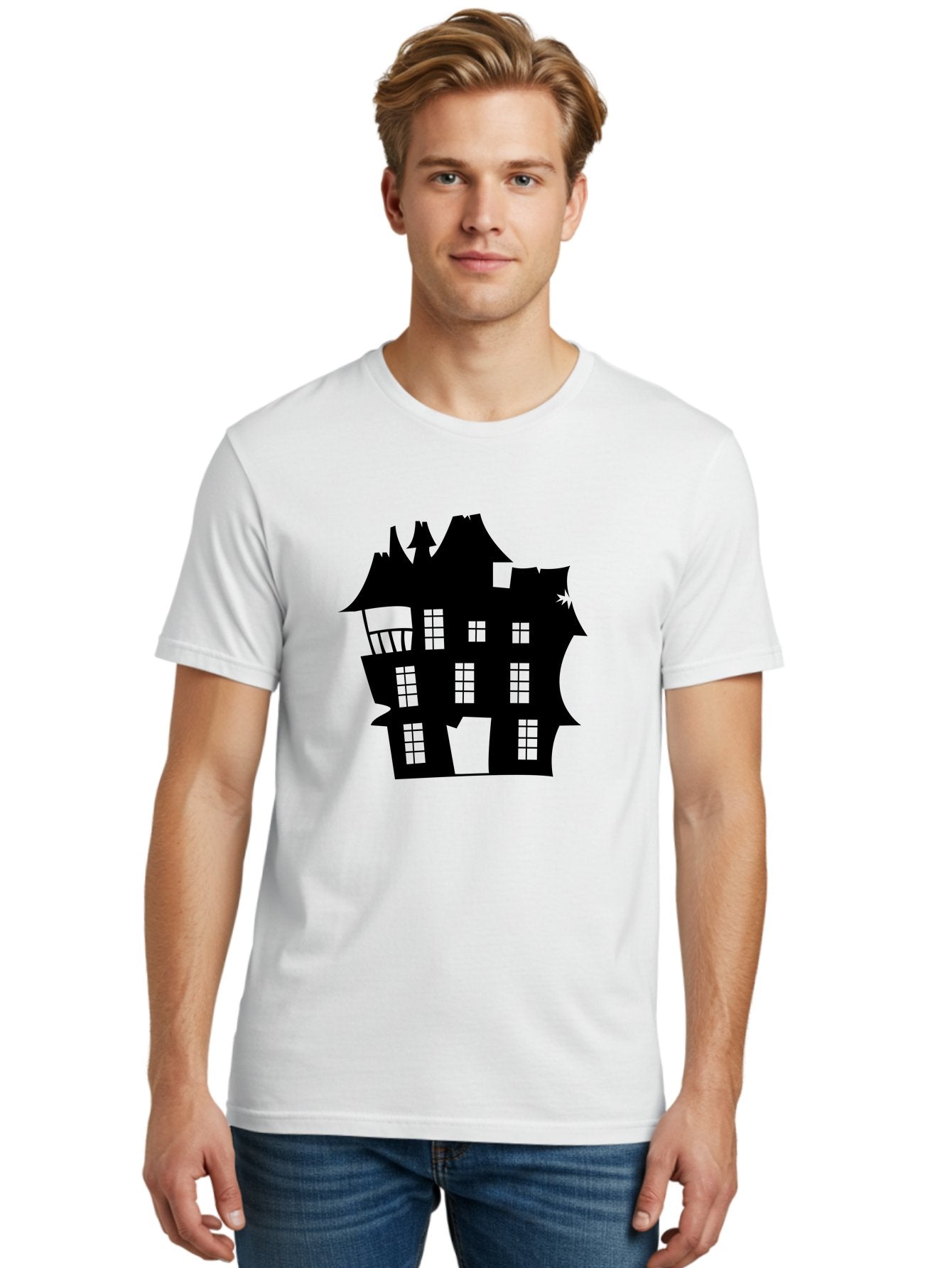 Haunted-House-Silhouette Men'S Graphic Tee, 100% Cotton, Comfortable Casual Summer Wear, Machine Washable, Haunted Mansion, Spooky Silhouette, Eerie Architecture, Creepy House, Haunted Building, Dark Atmosphere, Gothic Style, Mysterious Home Aab226 29