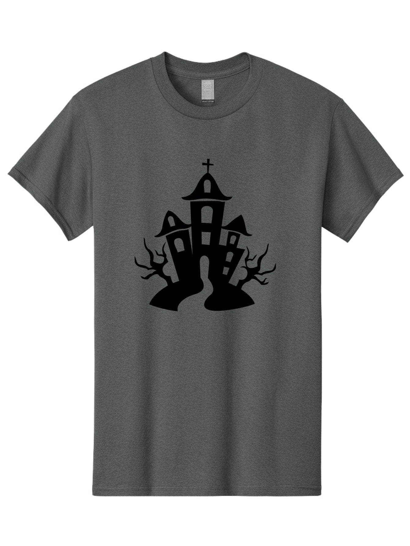 Haunted-House Men'S Graphic Tee, 100% Cotton, Comfortable Casual Summer Wear, Machine Washable, Haunted Church, Spooky Atmosphere, Gothic Architecture, Creepy Trees, Halloween Theme, Eerie Silhouette, Black Church, Cross On Top, Haunted House Aab227 9