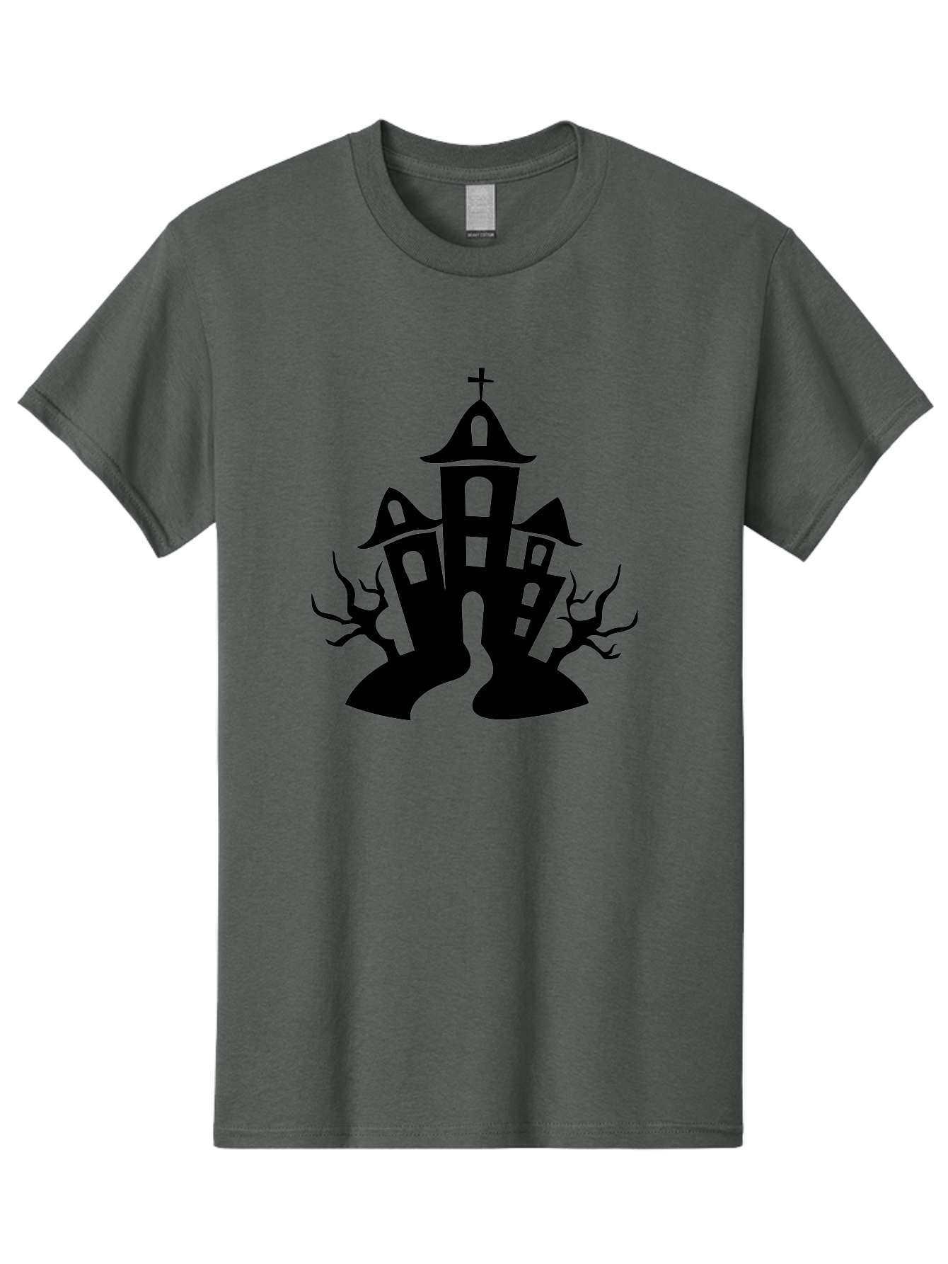 Haunted-House Men'S Graphic Tee, 100% Cotton, Comfortable Casual Summer Wear, Machine Washable, Haunted Church, Spooky Atmosphere, Gothic Architecture, Creepy Trees, Halloween Theme, Eerie Silhouette, Black Church, Cross On Top, Haunted House Aab227 3