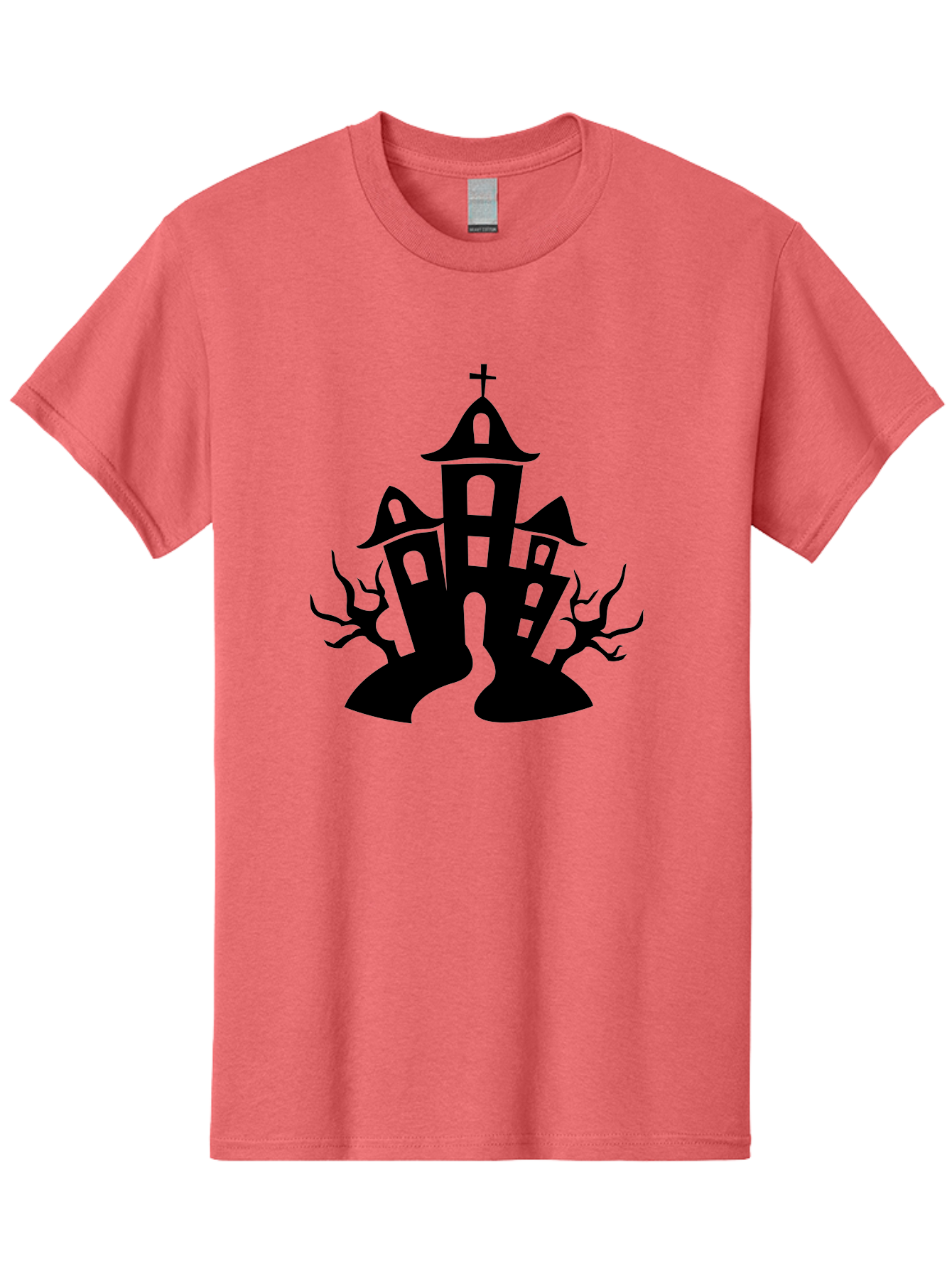 Haunted-House Men'S Graphic Tee, 100% Cotton, Comfortable Casual Summer Wear, Machine Washable, Haunted Church, Spooky Atmosphere, Gothic Architecture, Creepy Trees, Halloween Theme, Eerie Silhouette, Black Church, Cross On Top, Haunted House Aab227 5