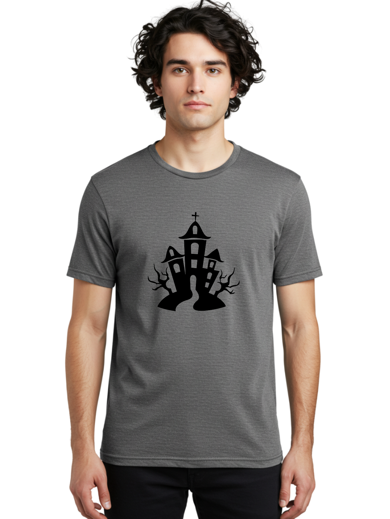 Haunted-House Men'S Graphic Tee, 100% Cotton, Comfortable Casual Summer Wear, Machine Washable, Haunted Church, Spooky Atmosphere, Gothic Architecture, Creepy Trees, Halloween Theme, Eerie Silhouette, Black Church, Cross On Top, Haunted House Aab227 10