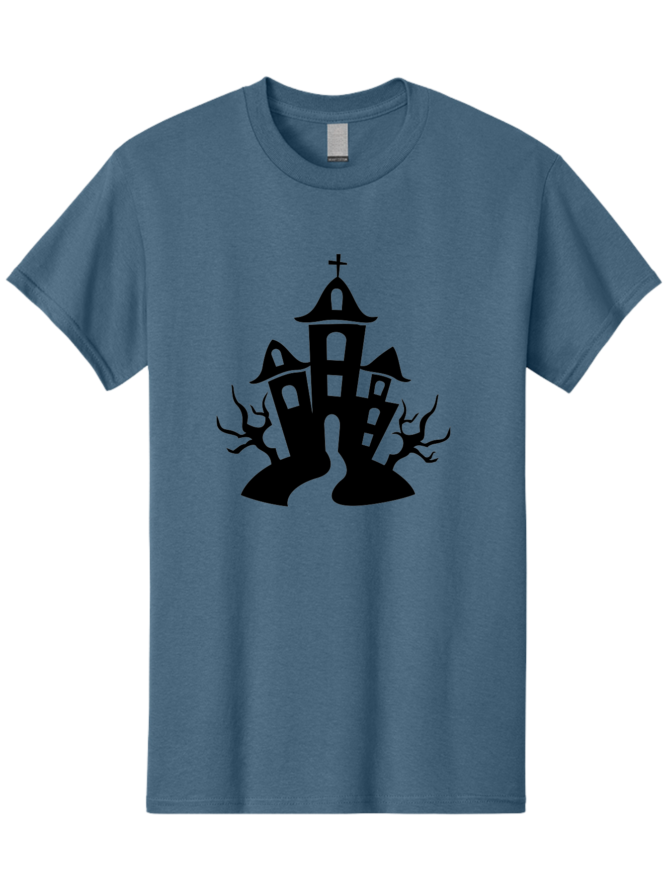 Haunted-House Men'S Graphic Tee, 100% Cotton, Comfortable Casual Summer Wear, Machine Washable, Haunted Church, Spooky Atmosphere, Gothic Architecture, Creepy Trees, Halloween Theme, Eerie Silhouette, Black Church, Cross On Top, Haunted House Aab227 11