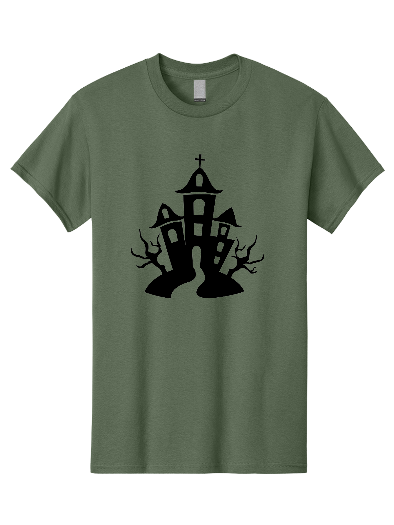 Haunted-House Men'S Graphic Tee, 100% Cotton, Comfortable Casual Summer Wear, Machine Washable, Haunted Church, Spooky Atmosphere, Gothic Architecture, Creepy Trees, Halloween Theme, Eerie Silhouette, Black Church, Cross On Top, Haunted House Aab227 15