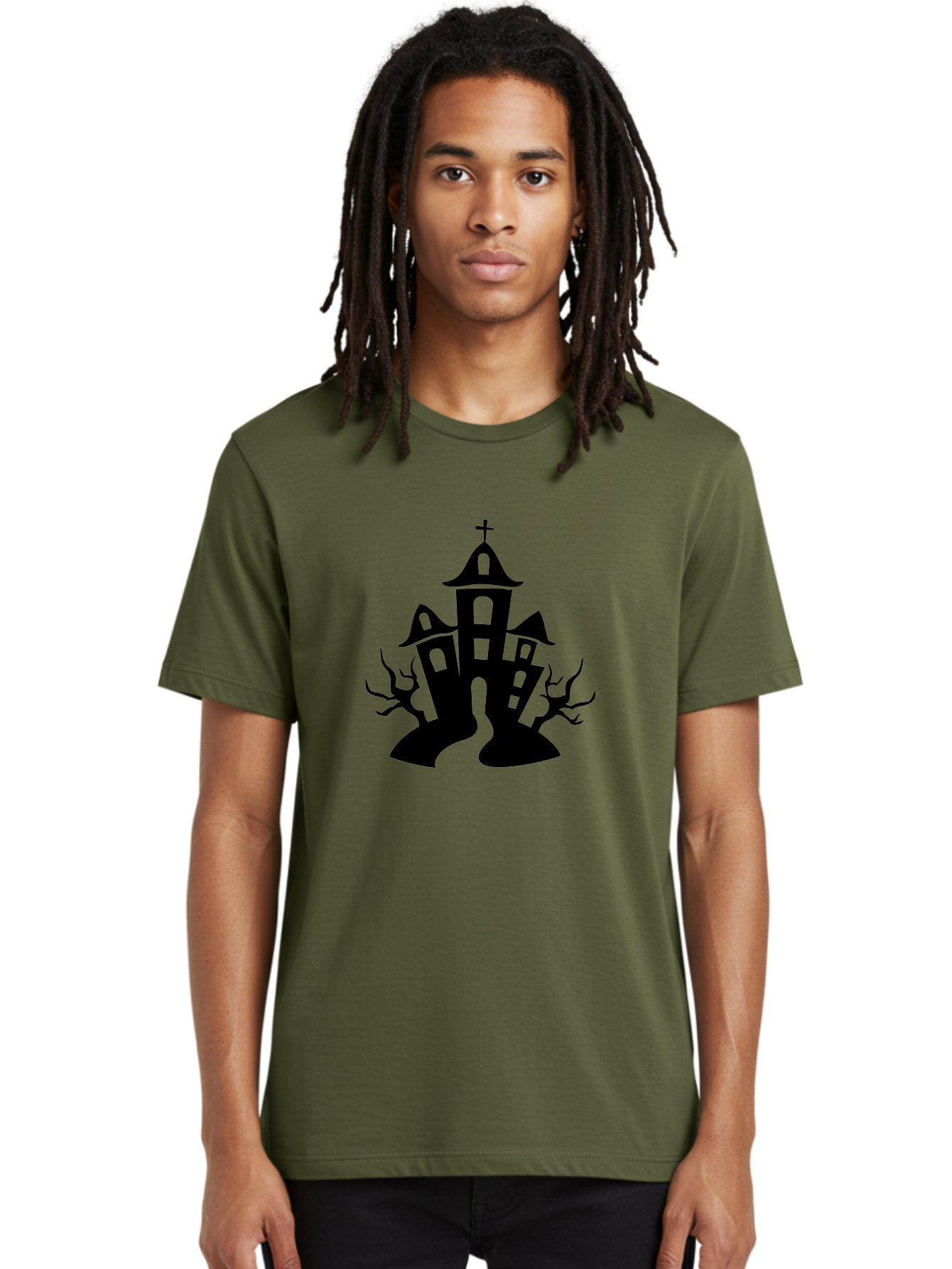 Haunted-House Men'S Graphic Tee, 100% Cotton, Comfortable Casual Summer Wear, Machine Washable, Haunted Church, Spooky Atmosphere, Gothic Architecture, Creepy Trees, Halloween Theme, Eerie Silhouette, Black Church, Cross On Top, Haunted House Aab227 16