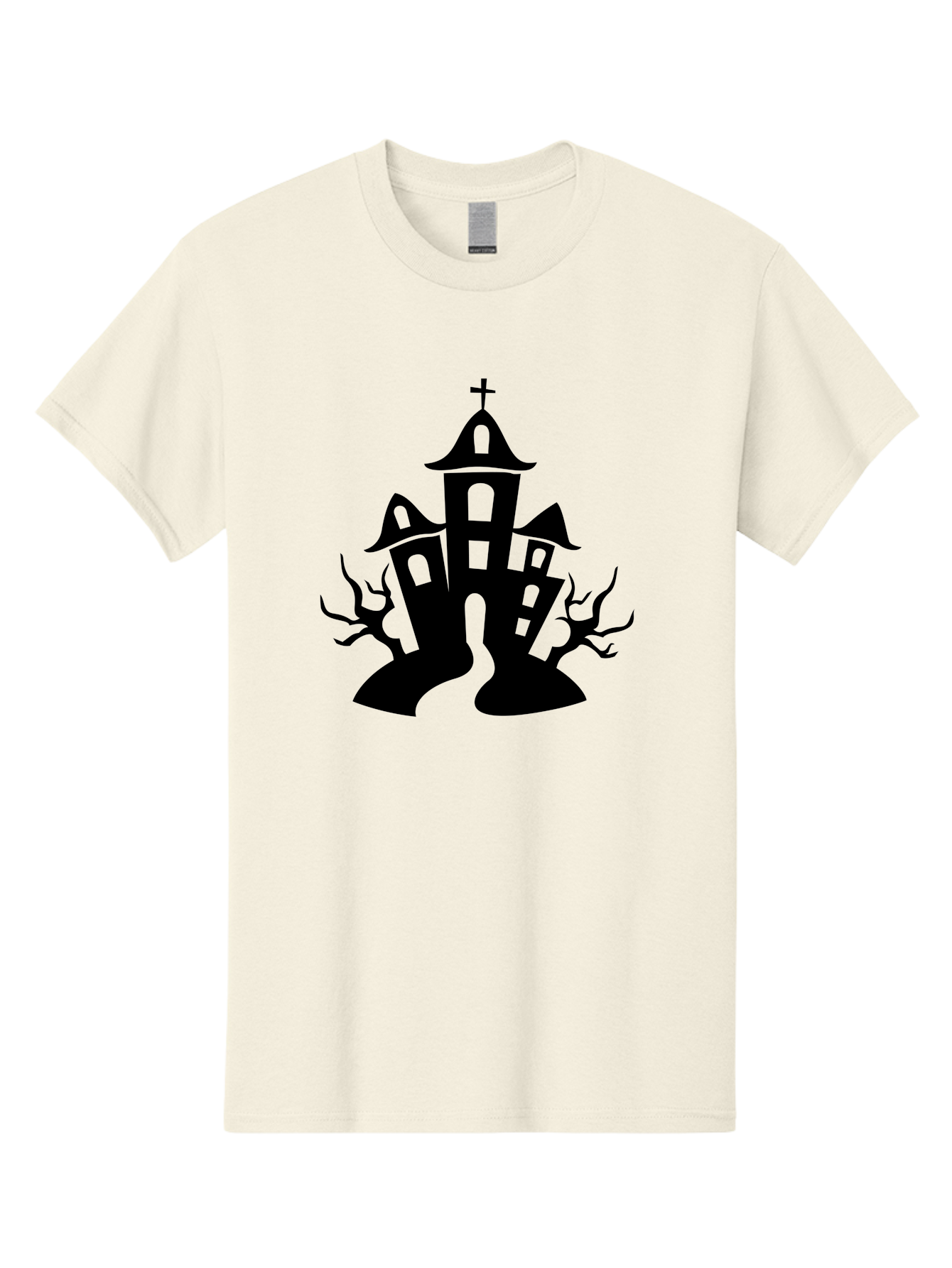 Haunted-House Men'S Graphic Tee, 100% Cotton, Comfortable Casual Summer Wear, Machine Washable, Haunted Church, Spooky Atmosphere, Gothic Architecture, Creepy Trees, Halloween Theme, Eerie Silhouette, Black Church, Cross On Top, Haunted House Aab227 17