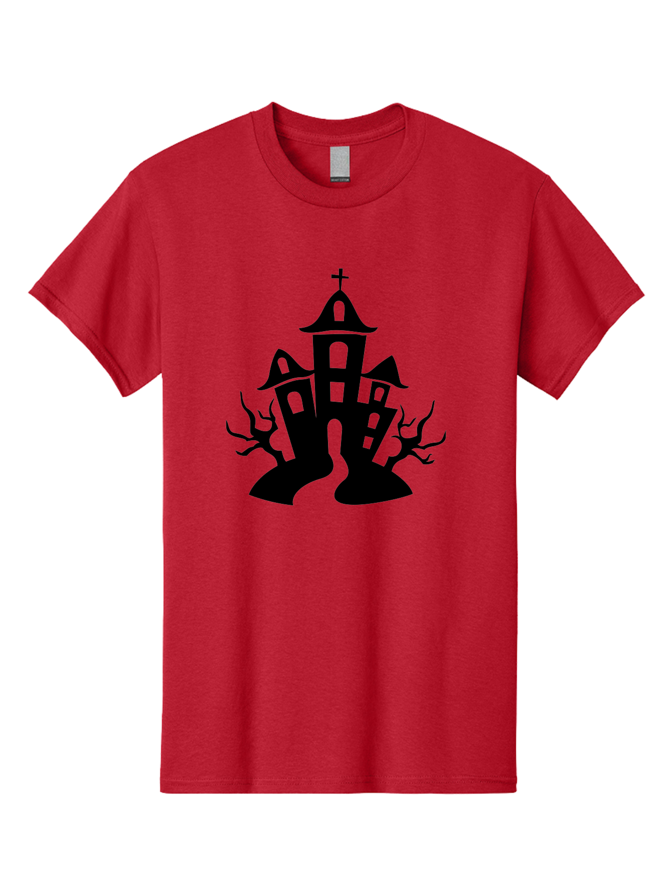 Haunted-House Men'S Graphic Tee, 100% Cotton, Comfortable Casual Summer Wear, Machine Washable, Haunted Church, Spooky Atmosphere, Gothic Architecture, Creepy Trees, Halloween Theme, Eerie Silhouette, Black Church, Cross On Top, Haunted House Aab227 23