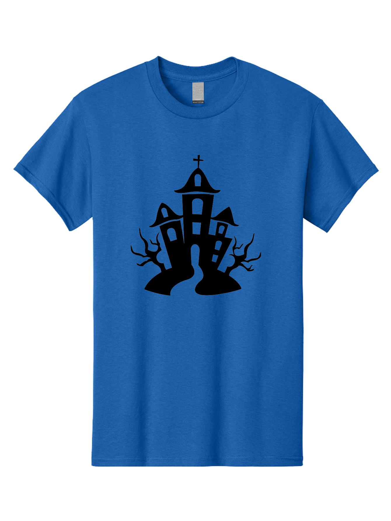 Haunted-House Men'S Graphic Tee, 100% Cotton, Comfortable Casual Summer Wear, Machine Washable, Haunted Church, Spooky Atmosphere, Gothic Architecture, Creepy Trees, Halloween Theme, Eerie Silhouette, Black Church, Cross On Top, Haunted House Aab227 25