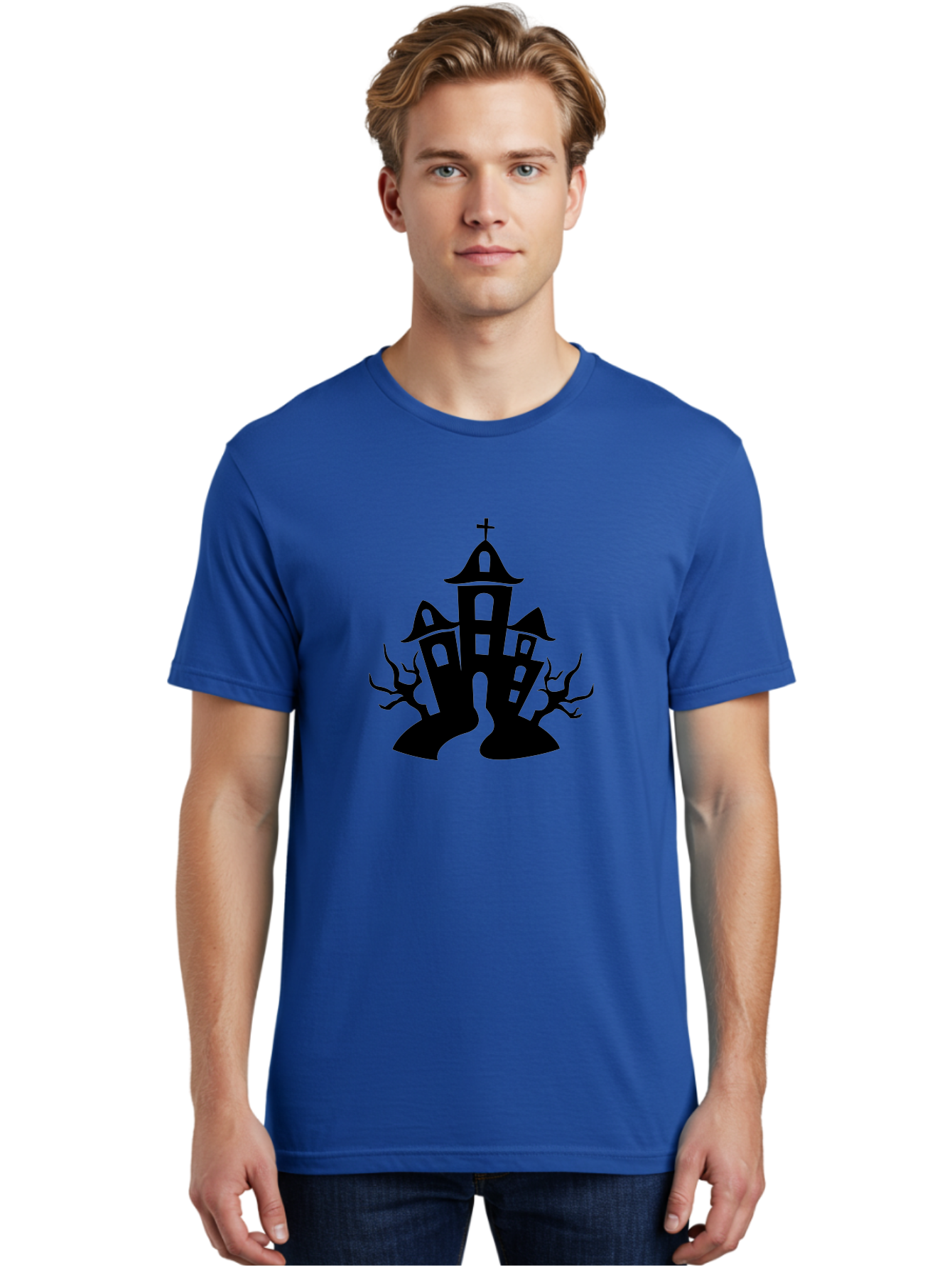 Haunted-House Men'S Graphic Tee, 100% Cotton, Comfortable Casual Summer Wear, Machine Washable, Haunted Church, Spooky Atmosphere, Gothic Architecture, Creepy Trees, Halloween Theme, Eerie Silhouette, Black Church, Cross On Top, Haunted House Aab227 26