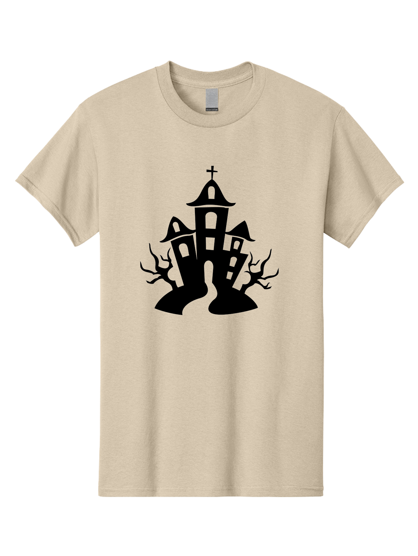 Haunted-House Men'S Graphic Tee, 100% Cotton, Comfortable Casual Summer Wear, Machine Washable, Haunted Church, Spooky Atmosphere, Gothic Architecture, Creepy Trees, Halloween Theme, Eerie Silhouette, Black Church, Cross On Top, Haunted House Aab227 27