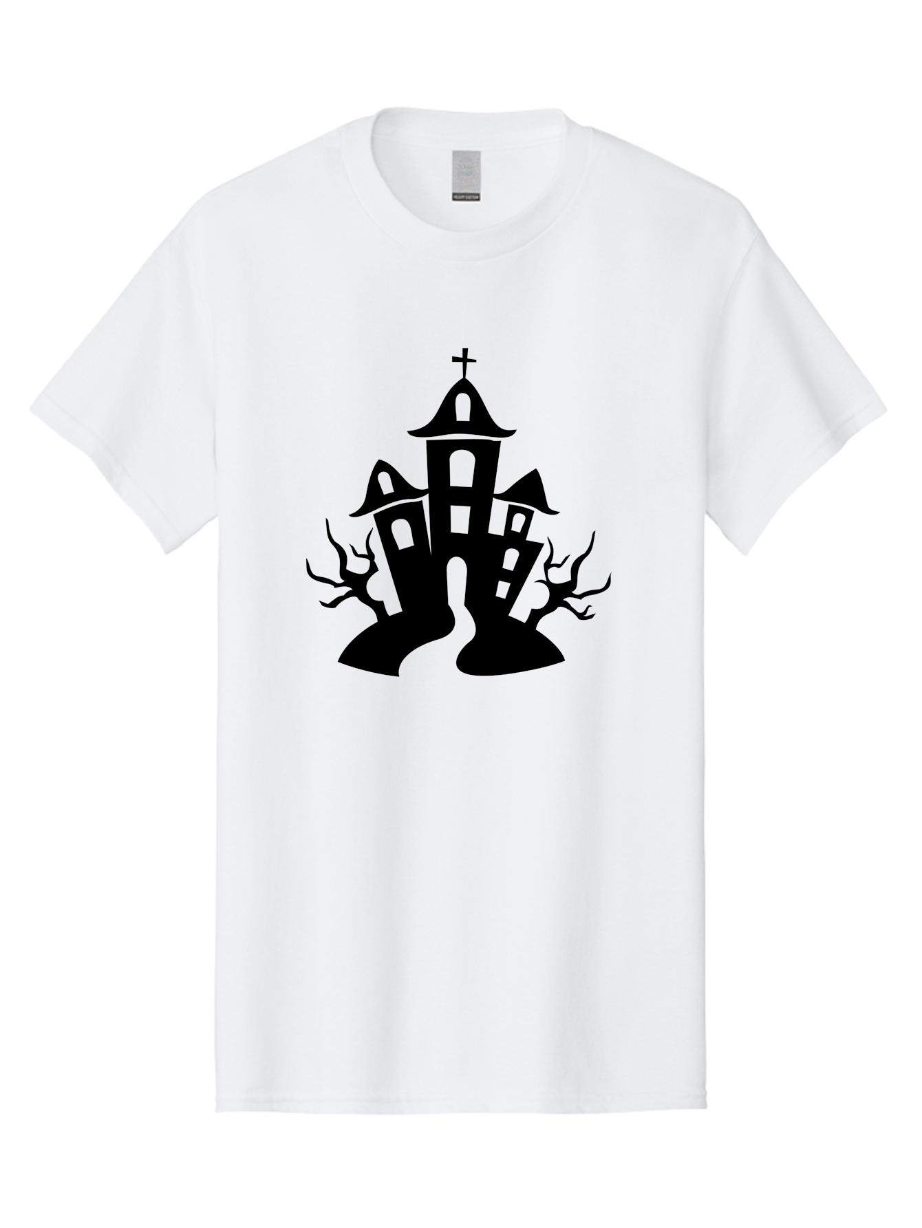 Haunted-House Men'S Graphic Tee, 100% Cotton, Comfortable Casual Summer Wear, Machine Washable, Haunted Church, Spooky Atmosphere, Gothic Architecture, Creepy Trees, Halloween Theme, Eerie Silhouette, Black Church, Cross On Top, Haunted House Aab227 29