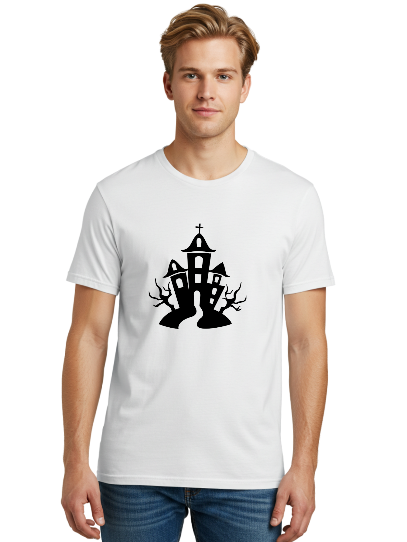 Haunted-House Men'S Graphic Tee, 100% Cotton, Comfortable Casual Summer Wear, Machine Washable, Haunted Church, Spooky Atmosphere, Gothic Architecture, Creepy Trees, Halloween Theme, Eerie Silhouette, Black Church, Cross On Top, Haunted House Aab227 30