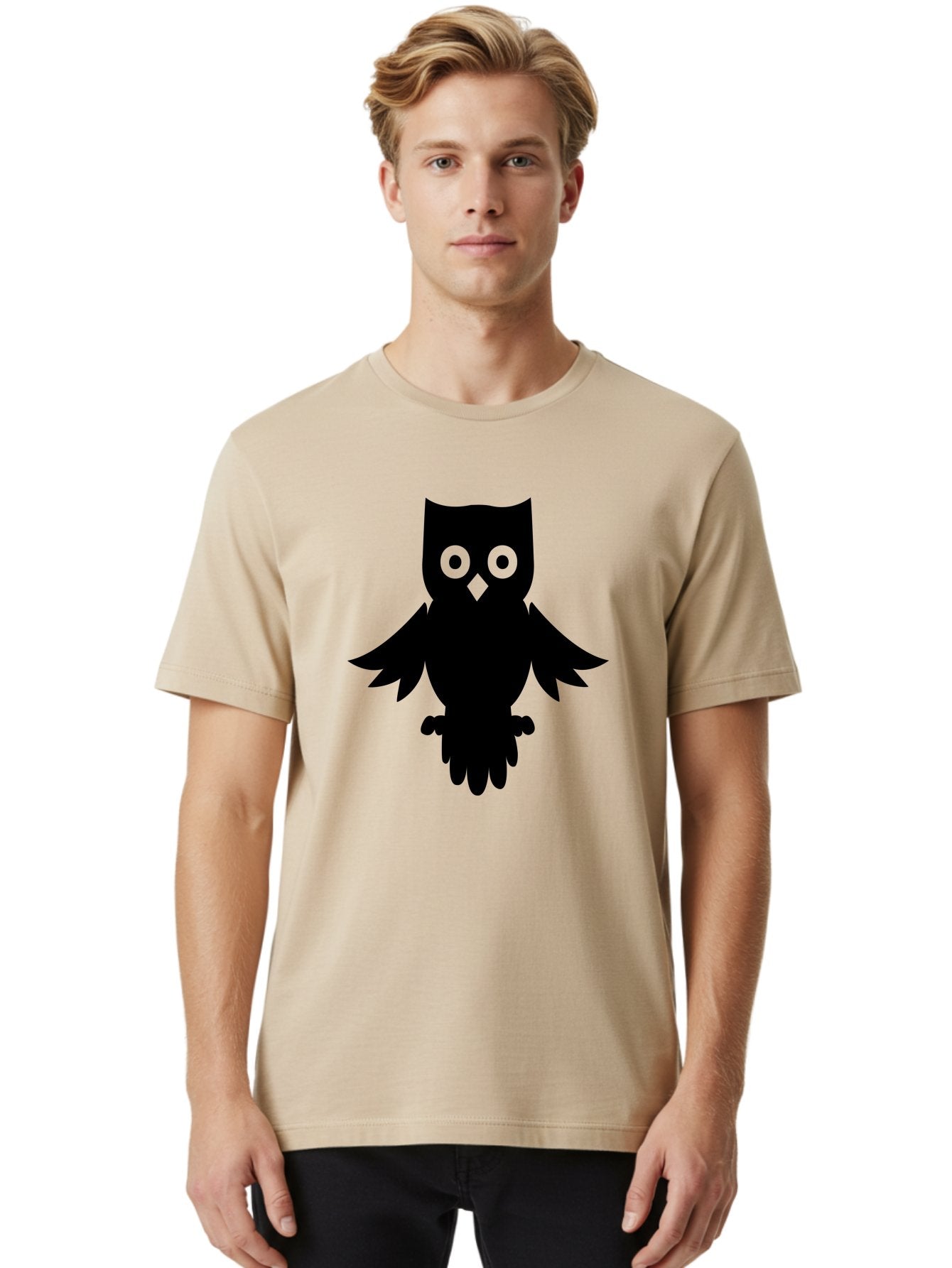 Owl-Silhouette Men'S Graphic Tee, 100% Cotton, Comfortable Casual Summer Wear, Machine Washable, Owl Silhouette, Black Owl, Green Eyes, Diamond Beak, Wingspan, Nocturnal Bird, Wise Animal, Cartoon Style, Simple Design, Owl Art Aab231 19