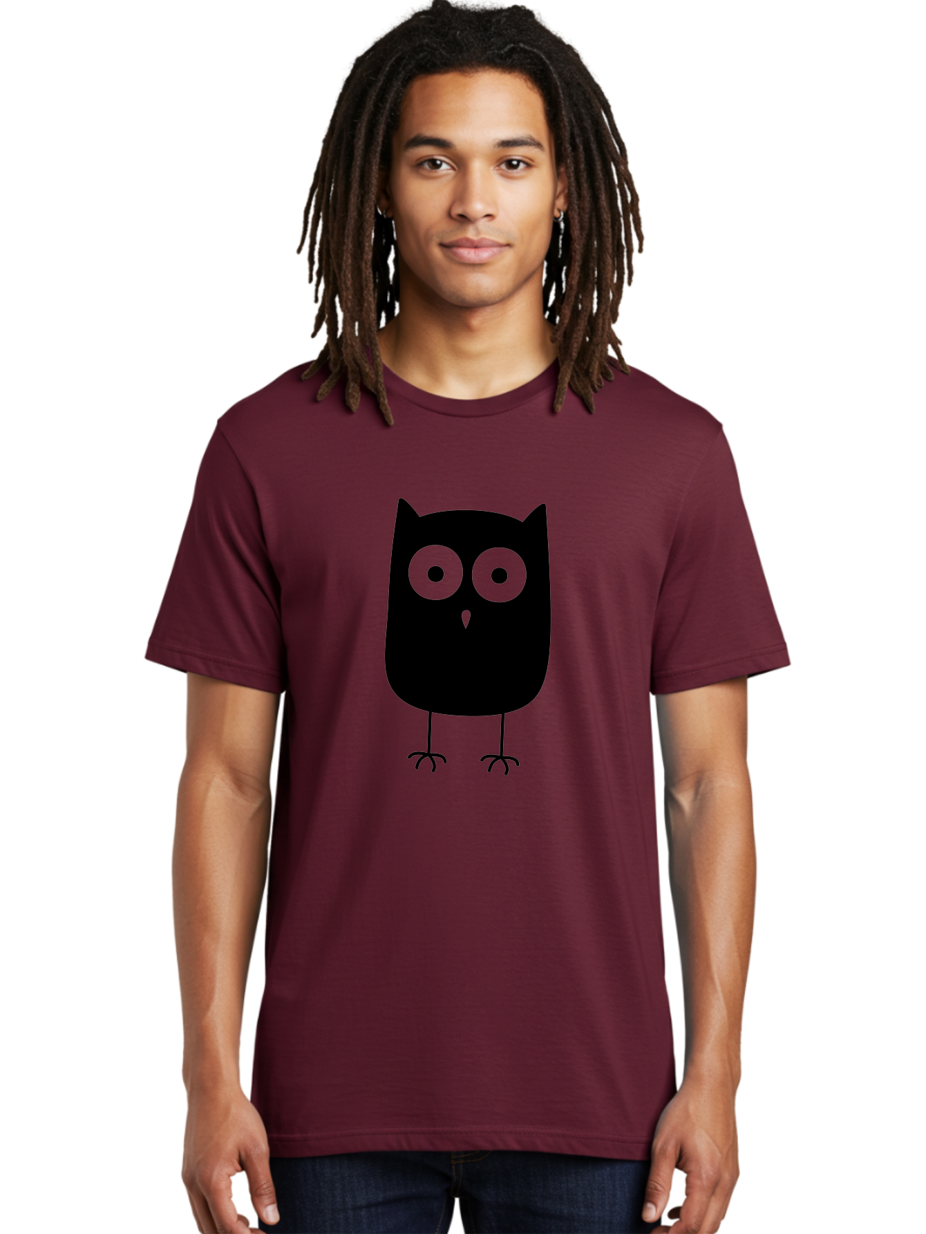 Owl Men'S Graphic Tee, 100% Cotton, Comfortable Casual Summer Wear, Machine Washable, Cartoon Owl, Simple Design, Black Silhouette, Green Eyes, Cute Illustration, Minimalist Art, Bird Character, Graphic Design Element Aab232