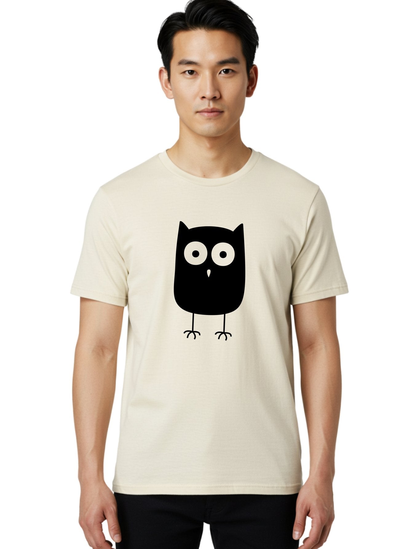 Owl Men'S Graphic Tee, 100% Cotton, Comfortable Casual Summer Wear, Machine Washable, Cartoon Owl, Simple Design, Black Silhouette, Green Eyes, Cute Illustration, Minimalist Art, Bird Character, Graphic Design Element Aab232 28