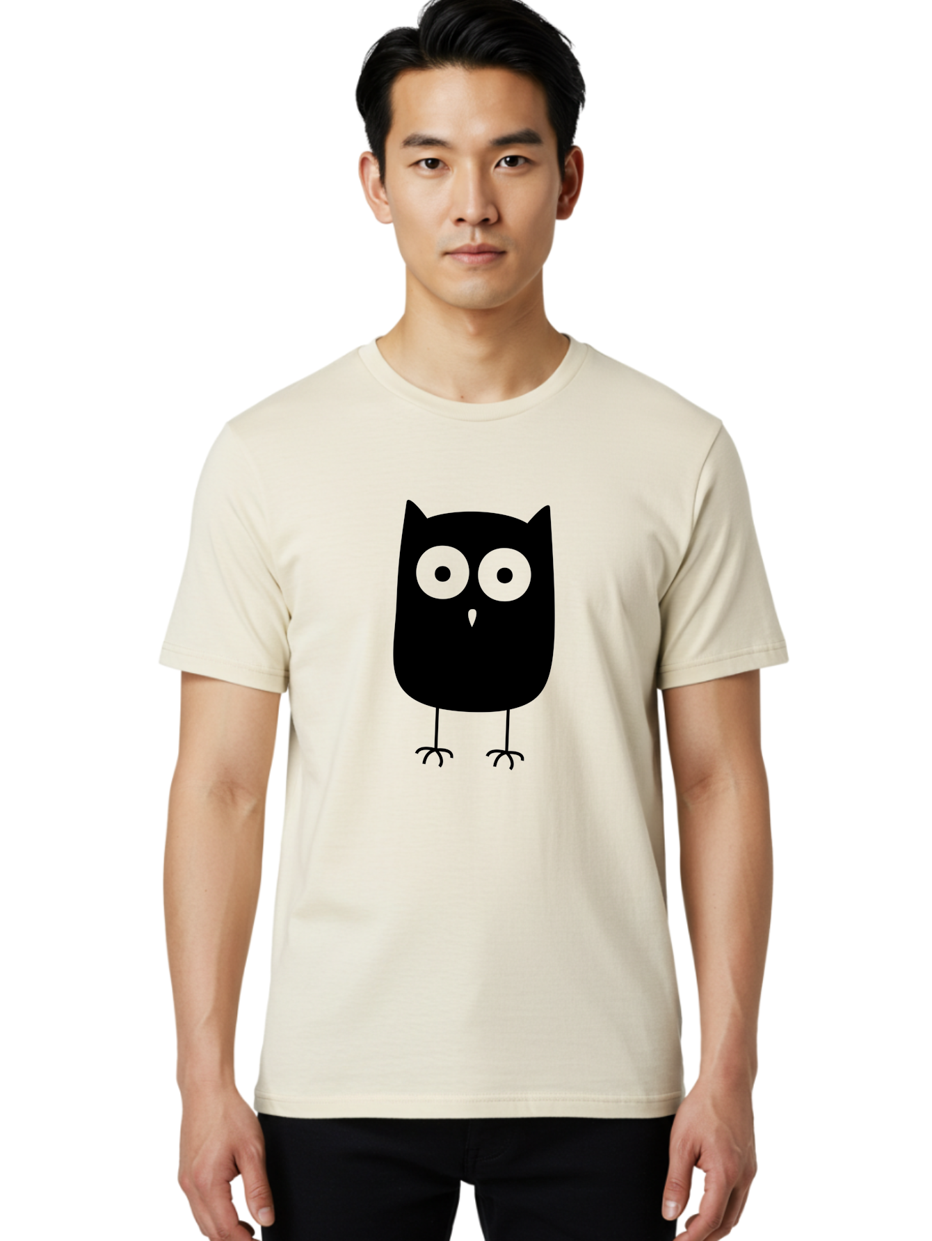 Owl Men'S Graphic Tee, 100% Cotton, Comfortable Casual Summer Wear, Machine Washable, Cartoon Owl, Simple Design, Black Silhouette, Green Eyes, Cute Illustration, Minimalist Art, Bird Character, Graphic Design Element Aab232 6