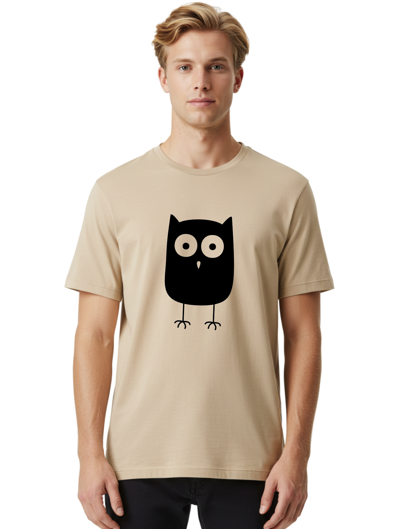 Owl Men'S Graphic Tee, 100% Cotton, Comfortable Casual Summer Wear, Machine Washable, Cartoon Owl, Simple Design, Black Silhouette, Green Eyes, Cute Illustration, Minimalist Art, Bird Character, Graphic Design Element Aab232 18