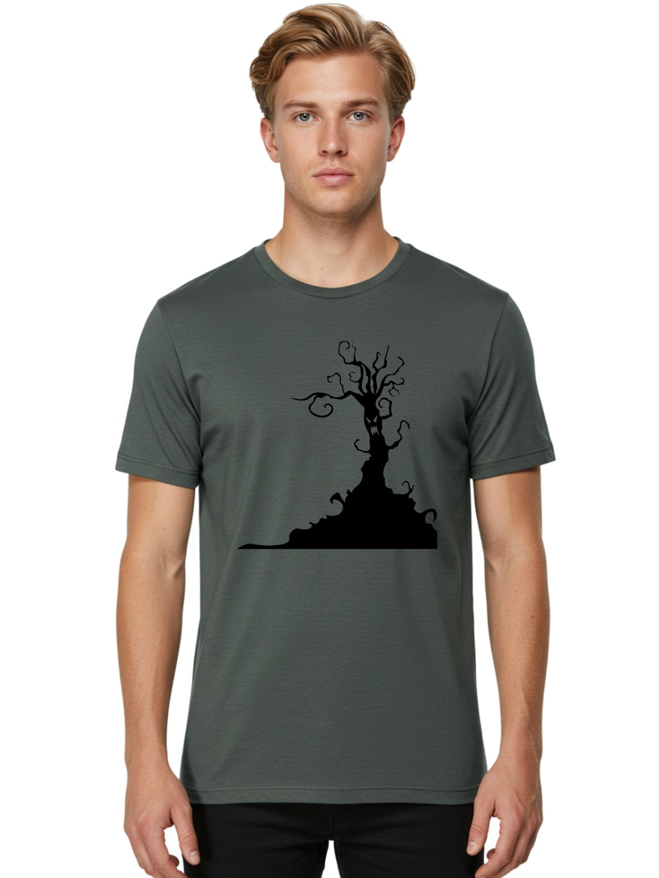 Tree-Silhouette Men'S Graphic Tee, 100% Cotton, Comfortable Casual Summer Wear, Machine Washable, Twisted Tree, Spooky Atmosphere, Mysterious Forest, Gothic Landscape, Bare Branches, Eerie Silhouette, Dark Fantasy, Haunting Imagery Aab235 25