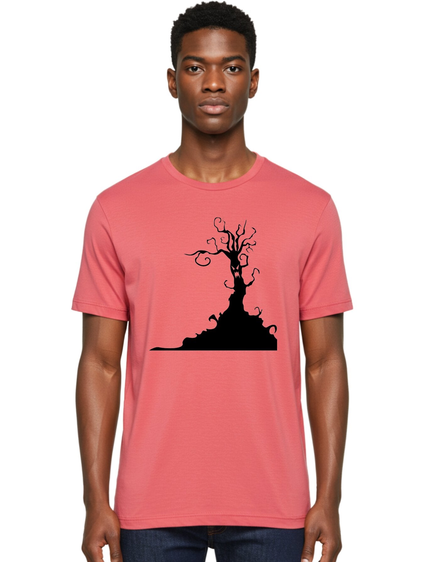 Tree-Silhouette Men'S Graphic Tee, 100% Cotton, Comfortable Casual Summer Wear, Machine Washable, Twisted Tree, Spooky Atmosphere, Mysterious Forest, Gothic Landscape, Bare Branches, Eerie Silhouette, Dark Fantasy, Haunting Imagery Aab235 18
