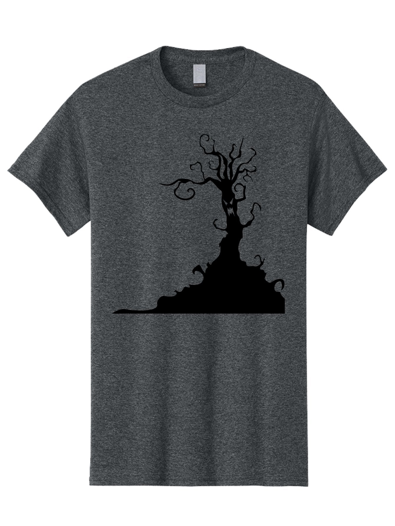 Tree-Silhouette Men'S Graphic Tee, 100% Cotton, Comfortable Casual Summer Wear, Machine Washable, Twisted Tree, Spooky Atmosphere, Mysterious Forest, Gothic Landscape, Bare Branches, Eerie Silhouette, Dark Fantasy, Haunting Imagery Aab235