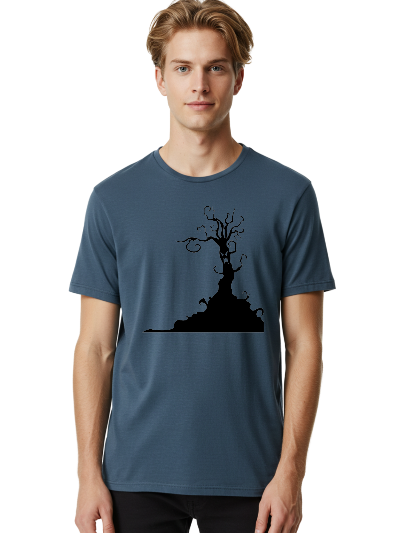 Tree-Silhouette Men'S Graphic Tee, 100% Cotton, Comfortable Casual Summer Wear, Machine Washable, Twisted Tree, Spooky Atmosphere, Mysterious Forest, Gothic Landscape, Bare Branches, Eerie Silhouette, Dark Fantasy, Haunting Imagery Aab235 12