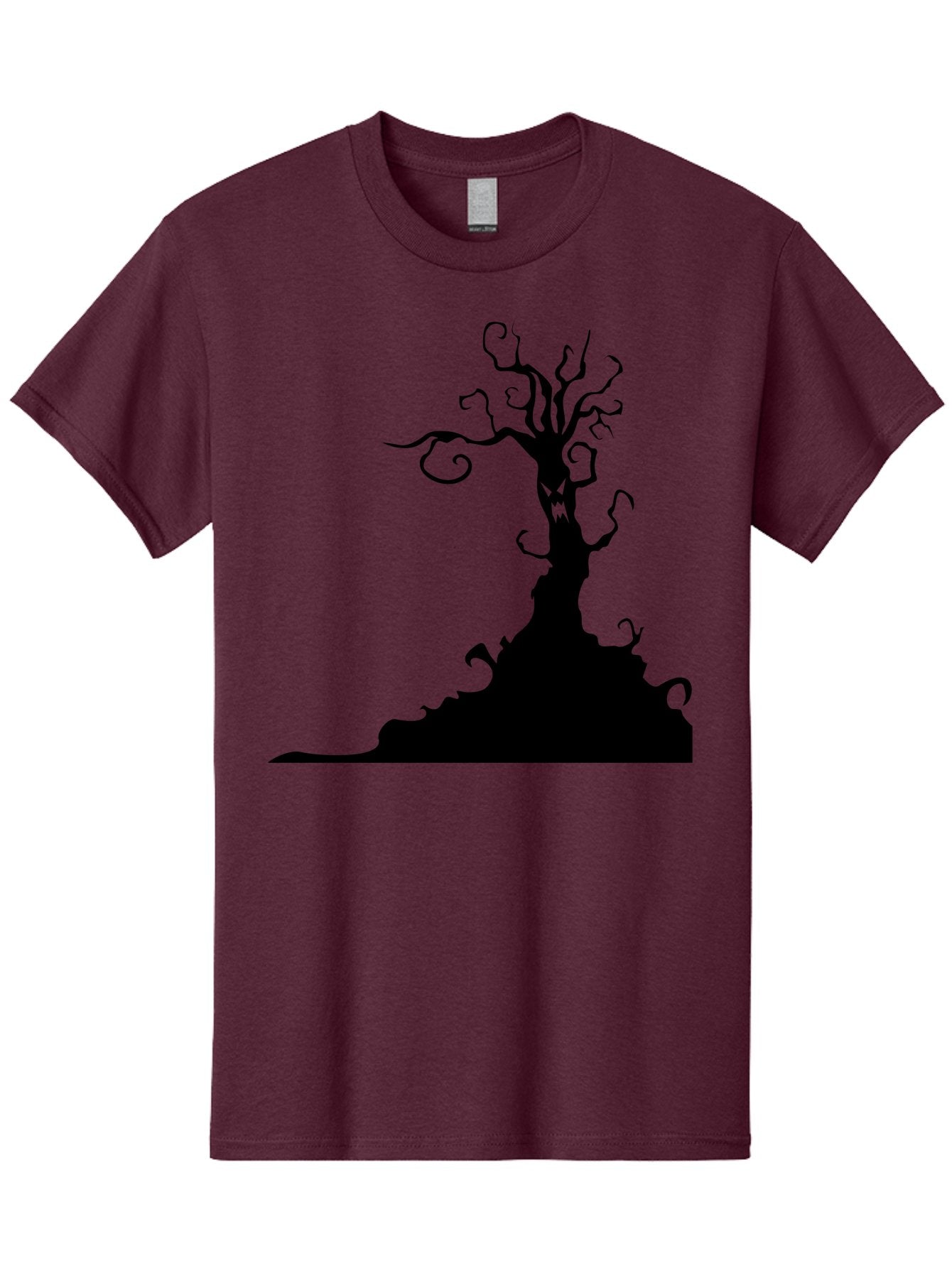 Tree-Silhouette Men'S Graphic Tee, 100% Cotton, Comfortable Casual Summer Wear, Machine Washable, Twisted Tree, Spooky Atmosphere, Mysterious Forest, Gothic Landscape, Bare Branches, Eerie Silhouette, Dark Fantasy, Haunting Imagery Aab235 3