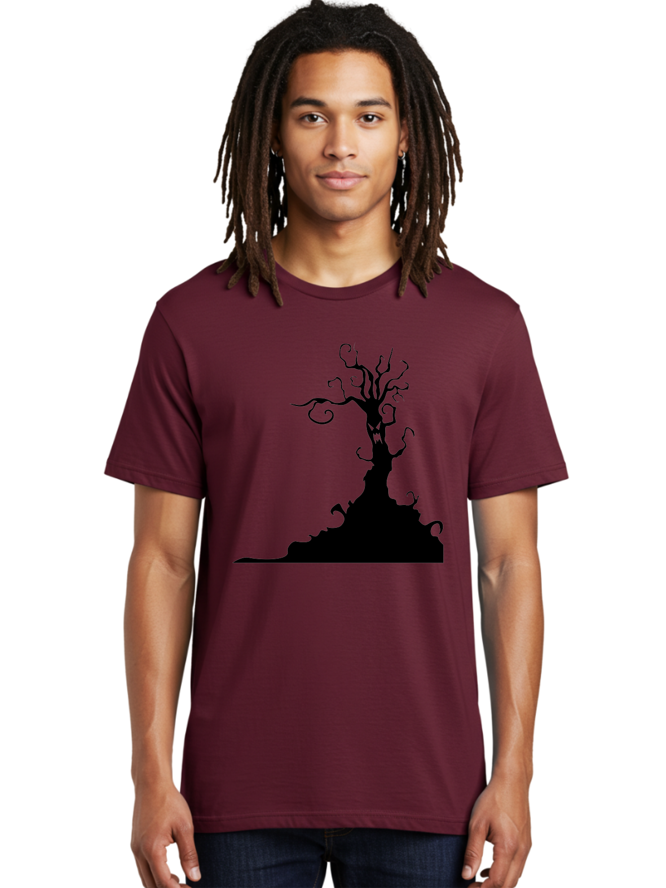 Tree-Silhouette Men'S Graphic Tee, 100% Cotton, Comfortable Casual Summer Wear, Machine Washable, Twisted Tree, Spooky Atmosphere, Mysterious Forest, Gothic Landscape, Bare Branches, Eerie Silhouette, Dark Fantasy, Haunting Imagery Aab235 14