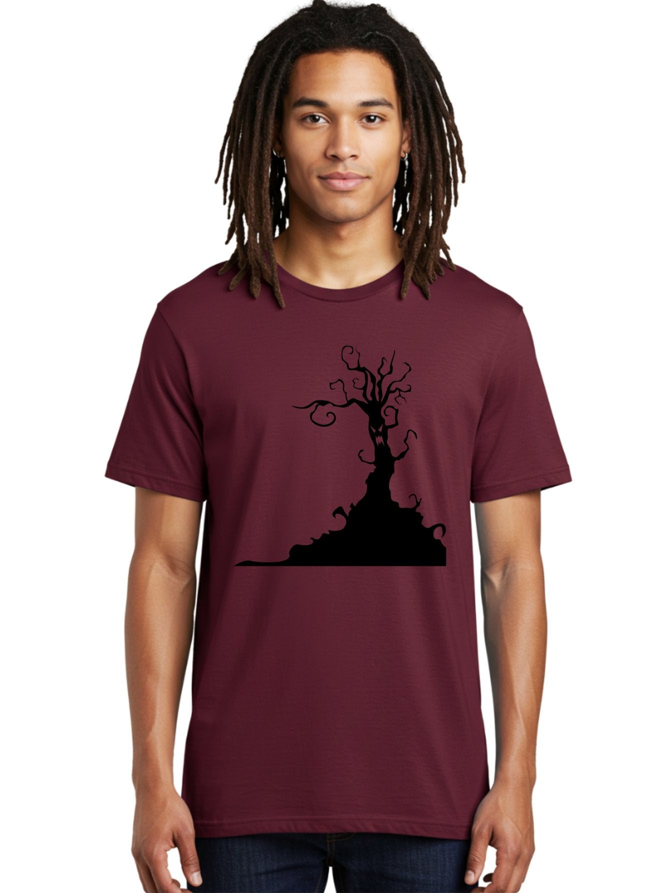 Tree-Silhouette Men'S Graphic Tee, 100% Cotton, Comfortable Casual Summer Wear, Machine Washable, Twisted Tree, Spooky Atmosphere, Mysterious Forest, Gothic Landscape, Bare Branches, Eerie Silhouette, Dark Fantasy, Haunting Imagery Aab235 22