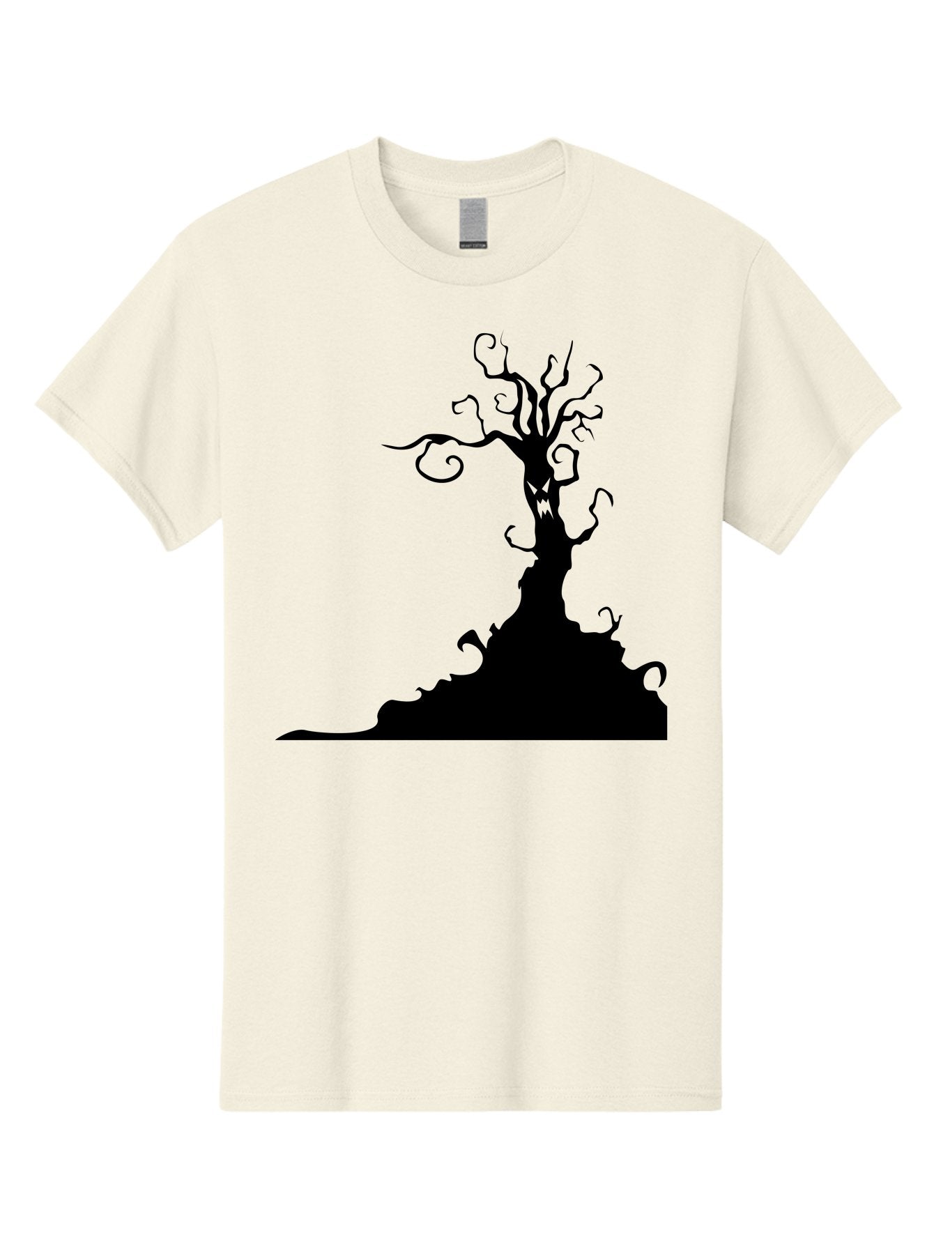 Tree-Silhouette Men'S Graphic Tee, 100% Cotton, Comfortable Casual Summer Wear, Machine Washable, Twisted Tree, Spooky Atmosphere, Mysterious Forest, Gothic Landscape, Bare Branches, Eerie Silhouette, Dark Fantasy, Haunting Imagery Aab235