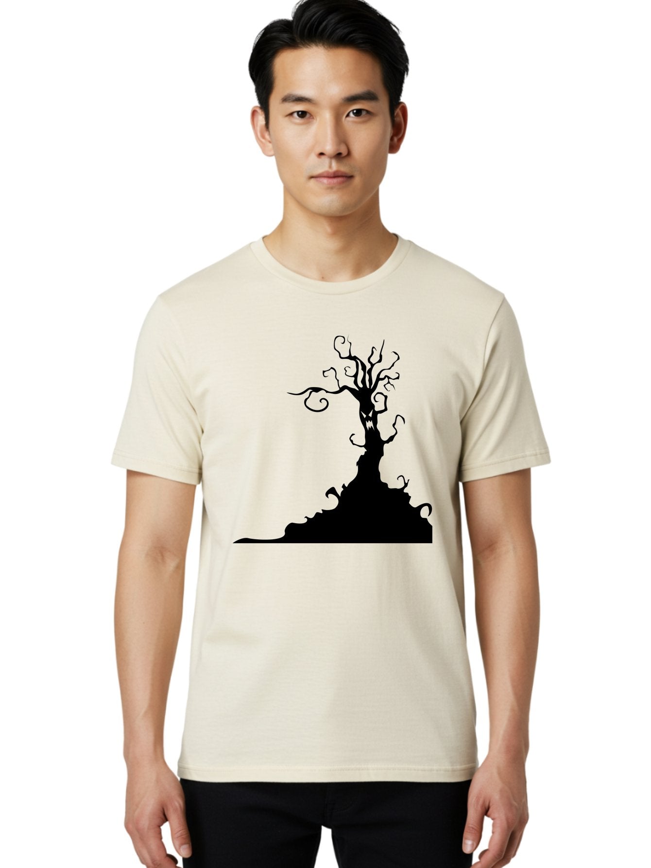 Tree-Silhouette Men'S Graphic Tee, 100% Cotton, Comfortable Casual Summer Wear, Machine Washable, Twisted Tree, Spooky Atmosphere, Mysterious Forest, Gothic Landscape, Bare Branches, Eerie Silhouette, Dark Fantasy, Haunting Imagery Aab235 19