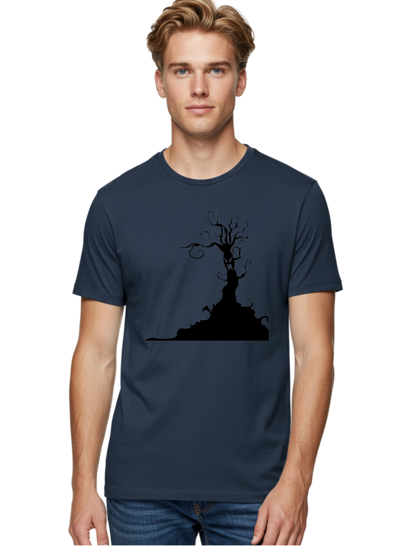 Tree-Silhouette Men'S Graphic Tee, 100% Cotton, Comfortable Casual Summer Wear, Machine Washable, Twisted Tree, Spooky Atmosphere, Mysterious Forest, Gothic Landscape, Bare Branches, Eerie Silhouette, Dark Fantasy, Haunting Imagery Aab235 20