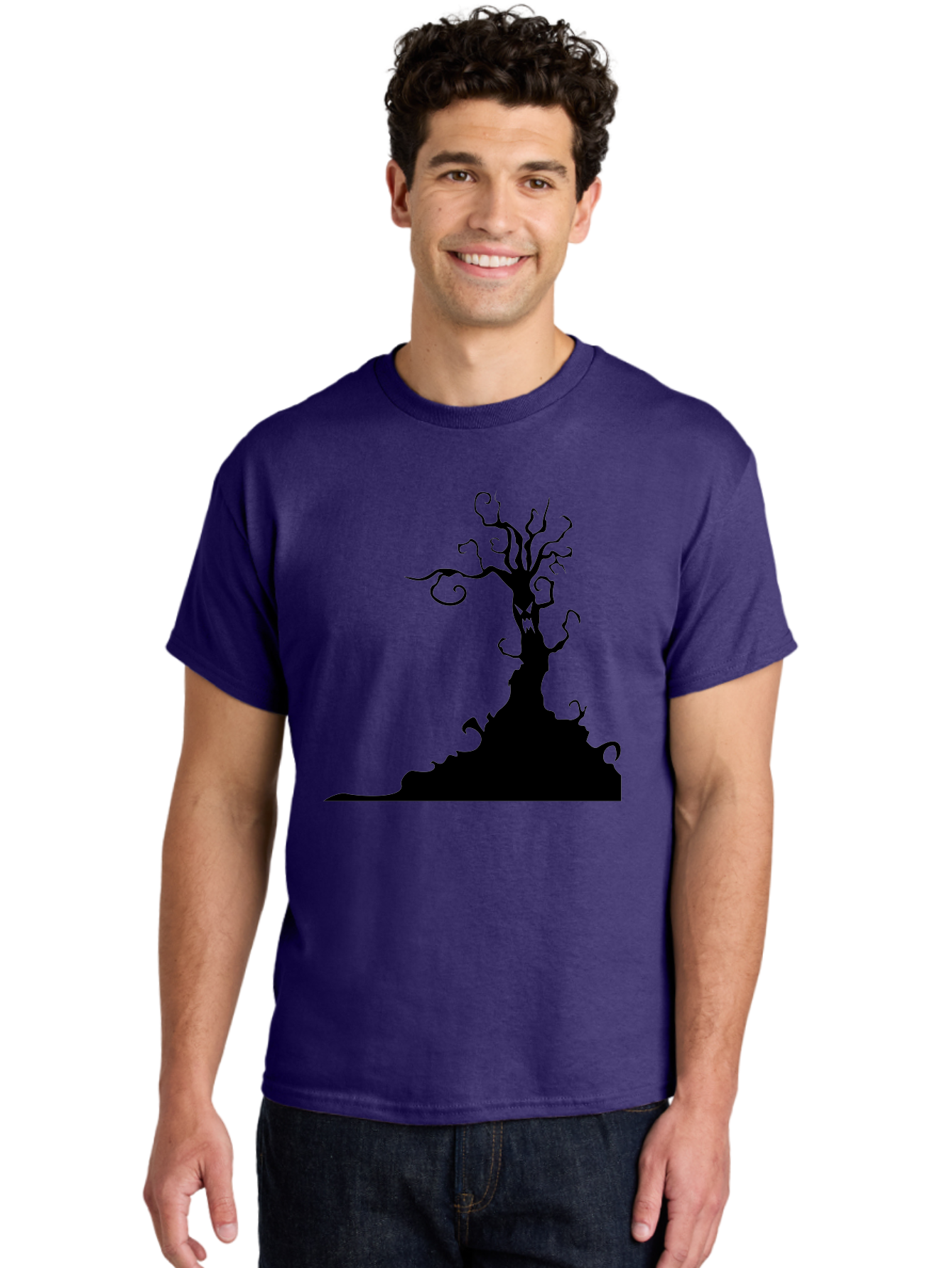 Tree-Silhouette Men'S Graphic Tee, 100% Cotton, Comfortable Casual Summer Wear, Machine Washable, Twisted Tree, Spooky Atmosphere, Mysterious Forest, Gothic Landscape, Bare Branches, Eerie Silhouette, Dark Fantasy, Haunting Imagery Aab235 22