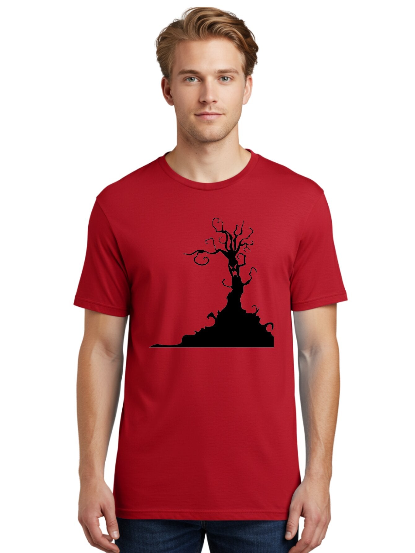 Tree-Silhouette Men'S Graphic Tee, 100% Cotton, Comfortable Casual Summer Wear, Machine Washable, Twisted Tree, Spooky Atmosphere, Mysterious Forest, Gothic Landscape, Bare Branches, Eerie Silhouette, Dark Fantasy, Haunting Imagery Aab235 20