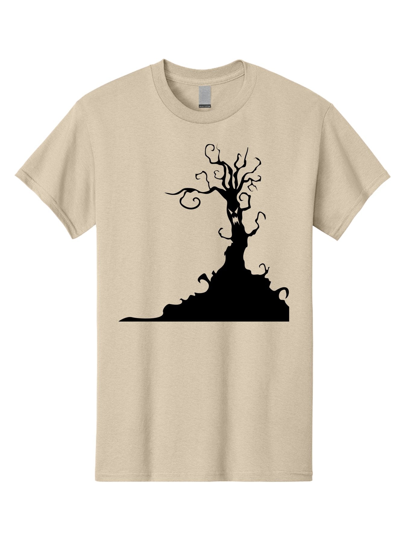 Tree-Silhouette Men'S Graphic Tee, 100% Cotton, Comfortable Casual Summer Wear, Machine Washable, Twisted Tree, Spooky Atmosphere, Mysterious Forest, Gothic Landscape, Bare Branches, Eerie Silhouette, Dark Fantasy, Haunting Imagery Aab235 7