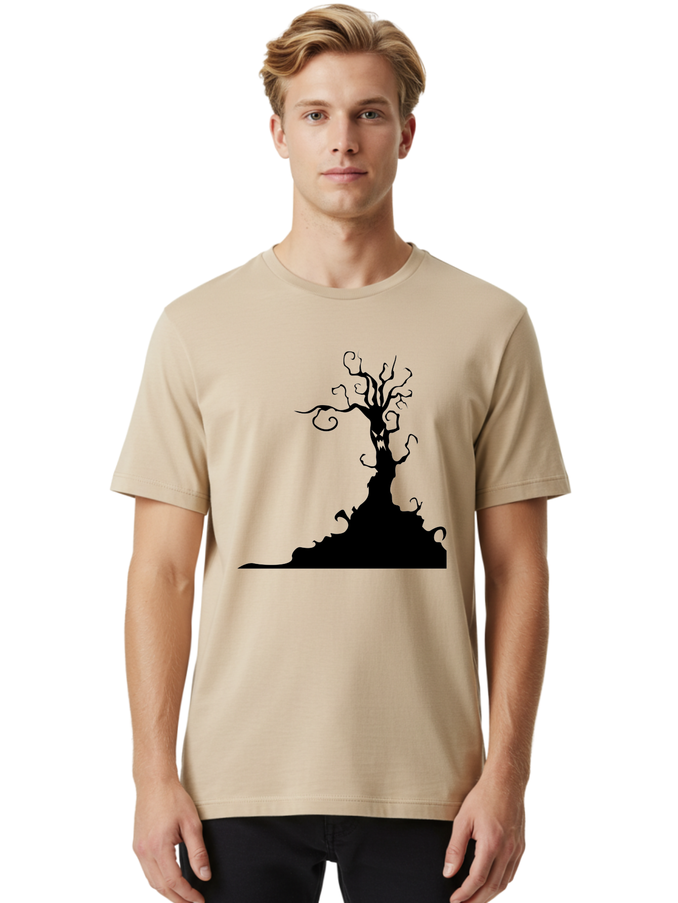 Tree-Silhouette Men'S Graphic Tee, 100% Cotton, Comfortable Casual Summer Wear, Machine Washable, Twisted Tree, Spooky Atmosphere, Mysterious Forest, Gothic Landscape, Bare Branches, Eerie Silhouette, Dark Fantasy, Haunting Imagery Aab235 28