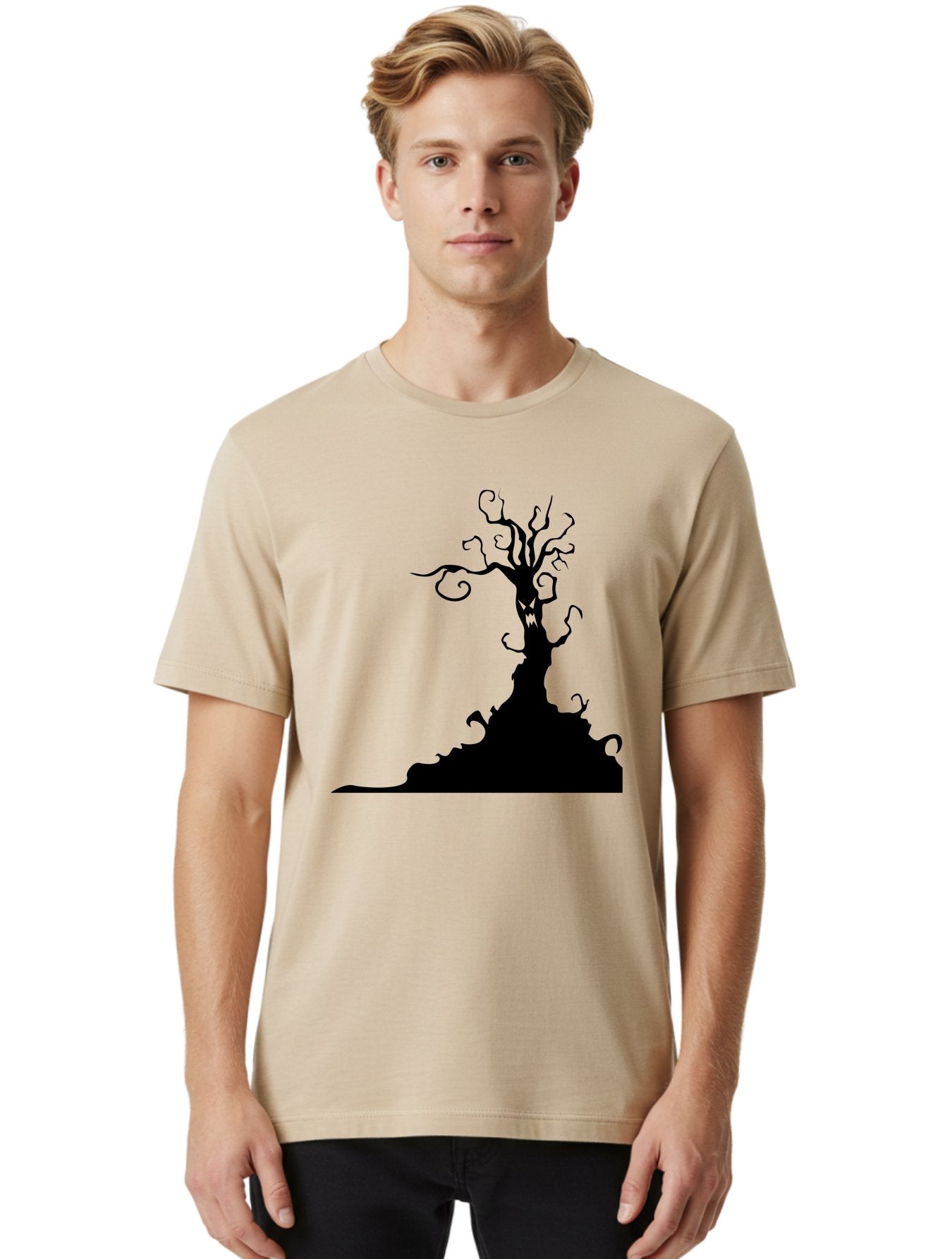 Tree-Silhouette Men'S Graphic Tee, 100% Cotton, Comfortable Casual Summer Wear, Machine Washable, Twisted Tree, Spooky Atmosphere, Mysterious Forest, Gothic Landscape, Bare Branches, Eerie Silhouette, Dark Fantasy, Haunting Imagery Aab235 16