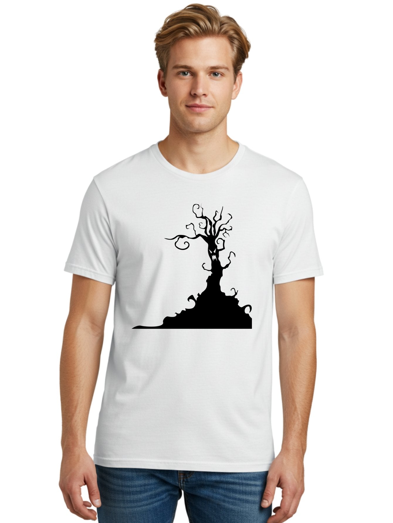 Tree-Silhouette Men'S Graphic Tee, 100% Cotton, Comfortable Casual Summer Wear, Machine Washable, Twisted Tree, Spooky Atmosphere, Mysterious Forest, Gothic Landscape, Bare Branches, Eerie Silhouette, Dark Fantasy, Haunting Imagery Aab235 27