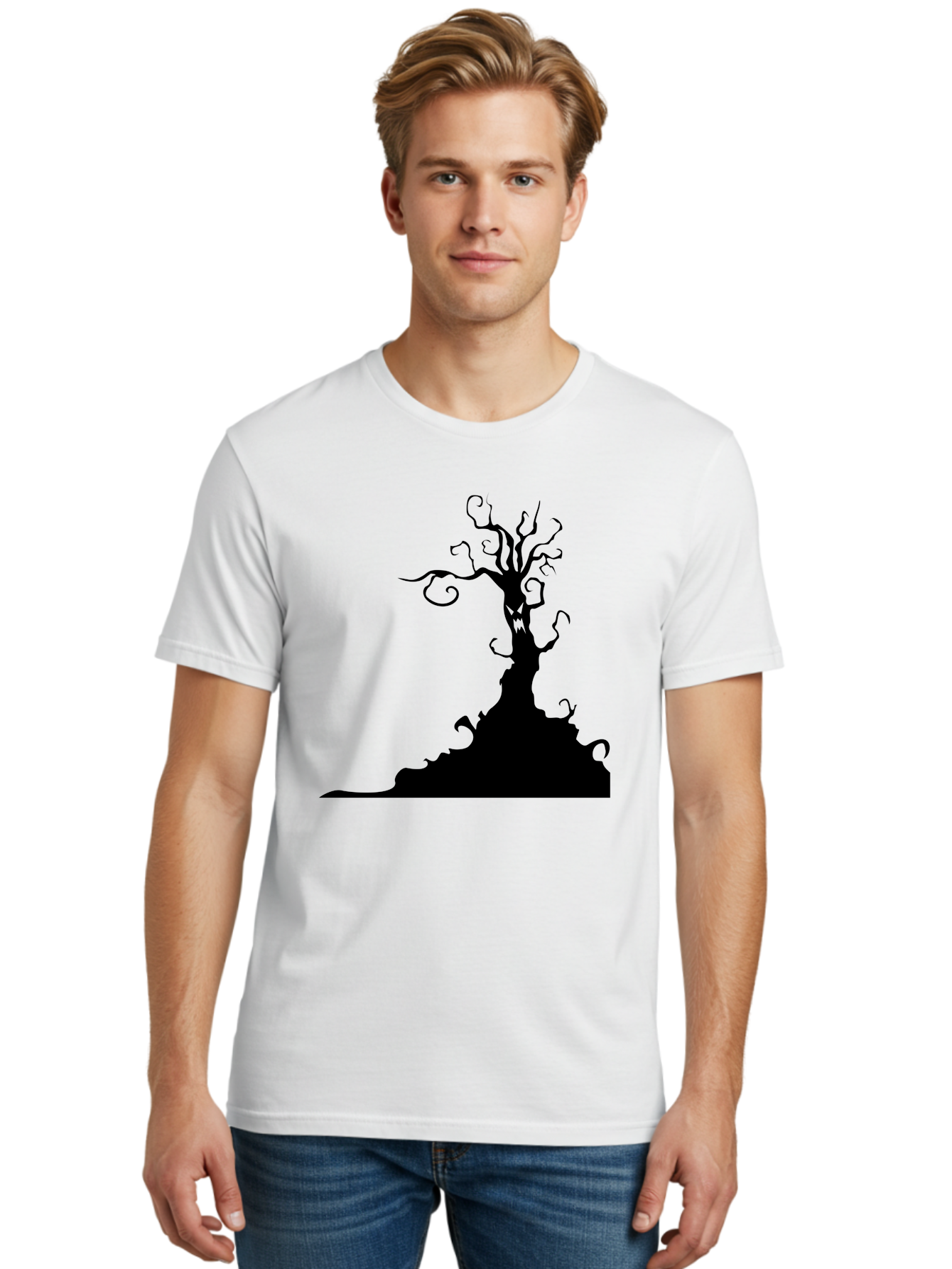 Tree-Silhouette Men'S Graphic Tee, 100% Cotton, Comfortable Casual Summer Wear, Machine Washable, Twisted Tree, Spooky Atmosphere, Mysterious Forest, Gothic Landscape, Bare Branches, Eerie Silhouette, Dark Fantasy, Haunting Imagery Aab235 30