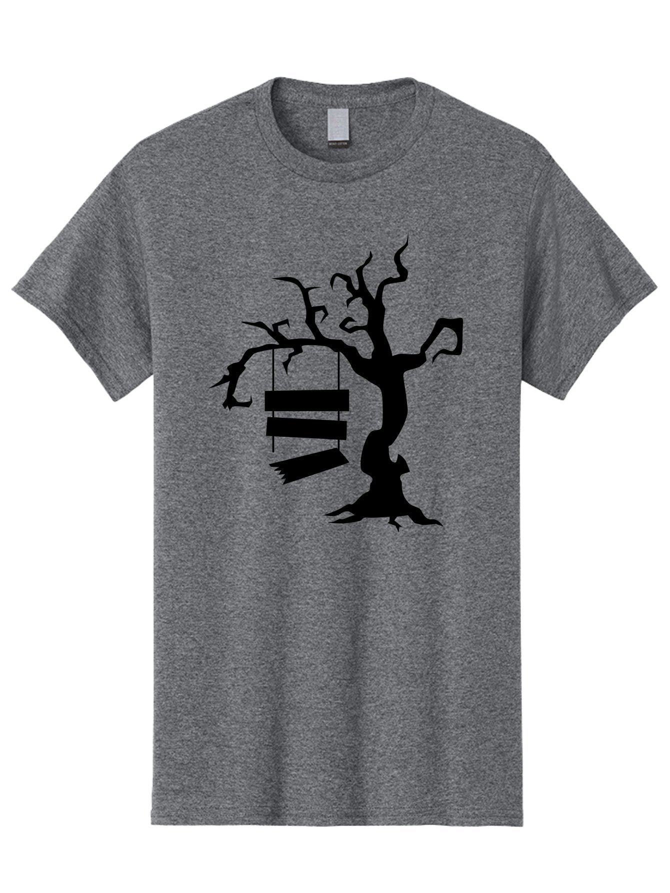 Tree-Swing-Silhouette Men'S Graphic Tee, 100% Cotton, Comfortable Casual Summer Wear, Machine Washable, Tree Swing, Spooky Tree, Twisted Branches, Wooden Planks, Eerie Atmosphere, Haunting Decor, Halloween Theme, Gothic Style Aab236